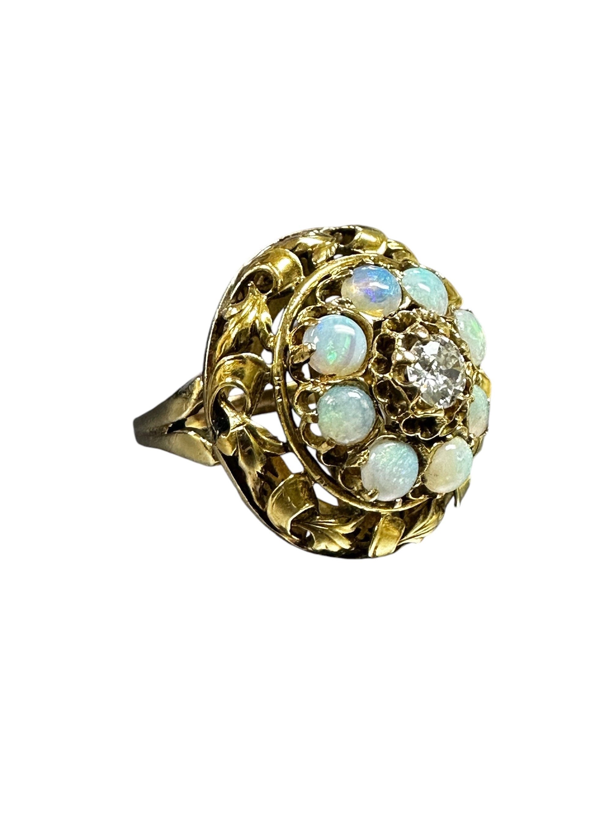 Yellow Gold Opal Diamond Ring: Floral Estate Jewelry