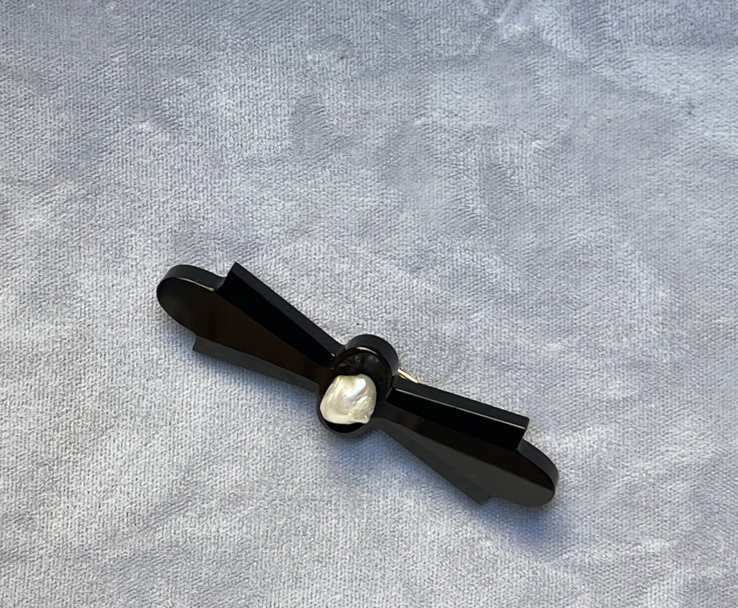 Vintage 14k Black Onyx & Pearl Bar Pin Brooch