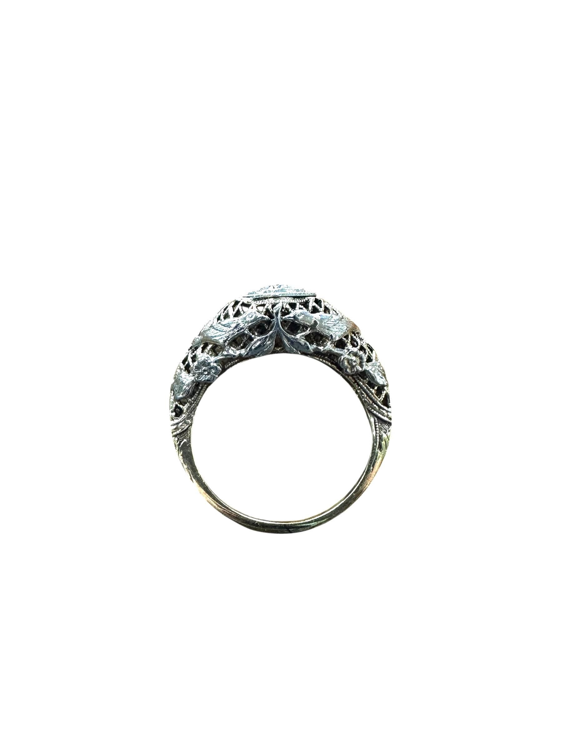 Edwardian 18 Karat White Gold Diamond Filigree Ring with Love Birds