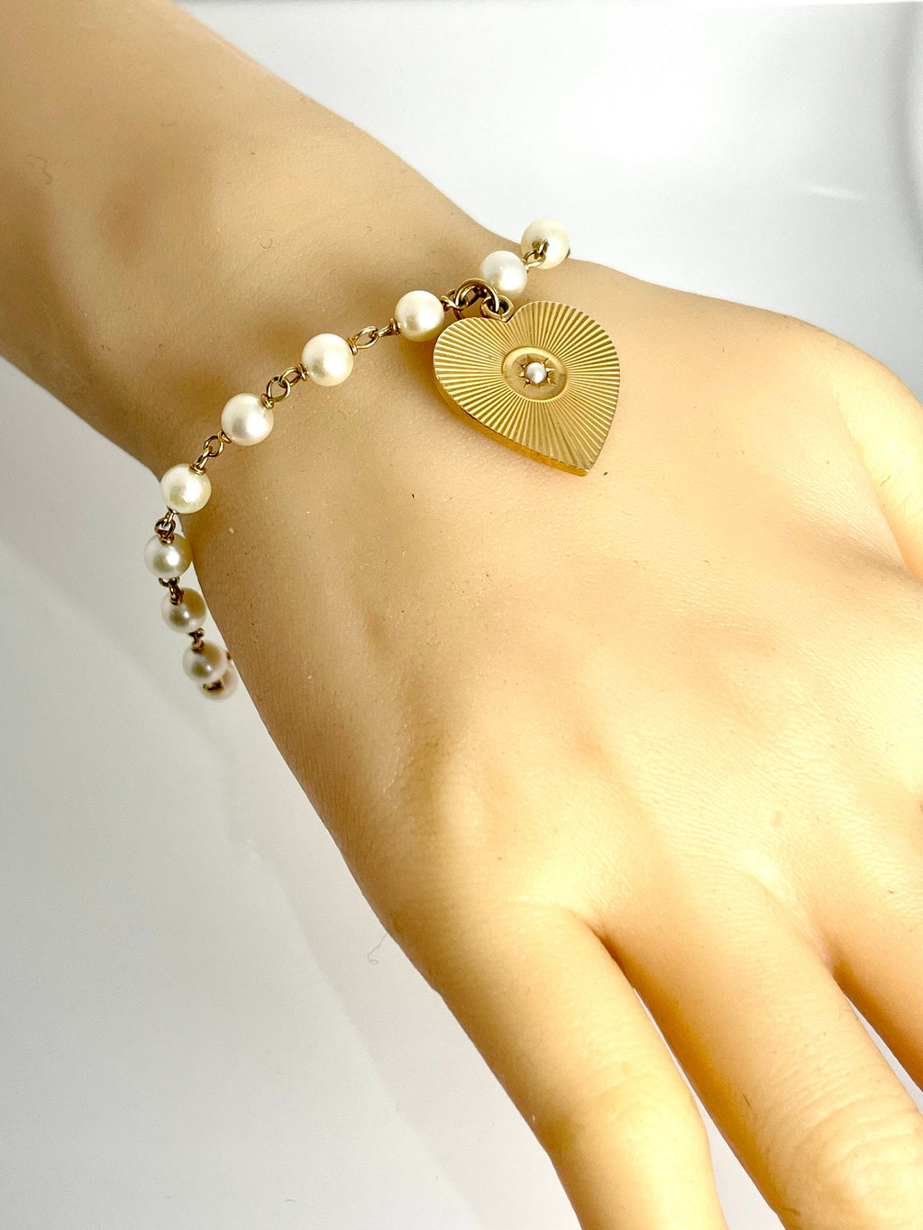 Vintage 14k Gold Heart Charm Bracelet: Cultured Pearl Bridal Jewelry