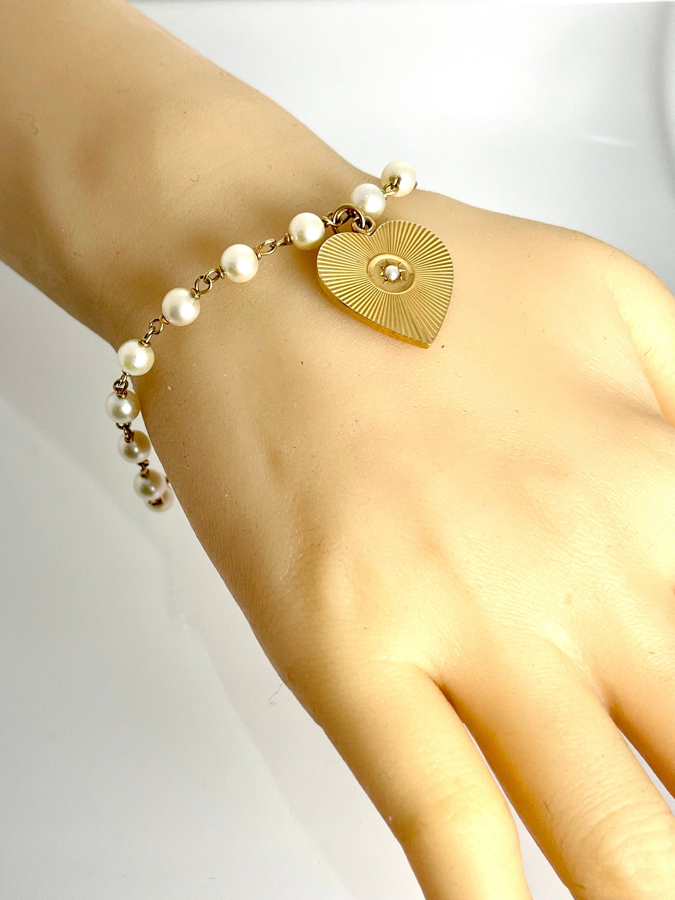Vintage 14k Gold Heart Charm Bracelet: Cultured Pearl Bridal Jewelry