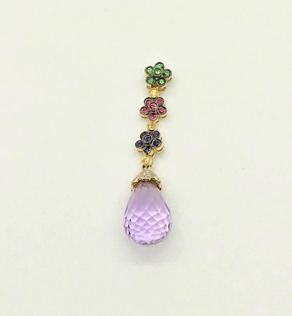18K Gold Amethyst Briolette Pendant: Ruby, Sapphire, Garnet & Diamond Floral Estate Jewelry