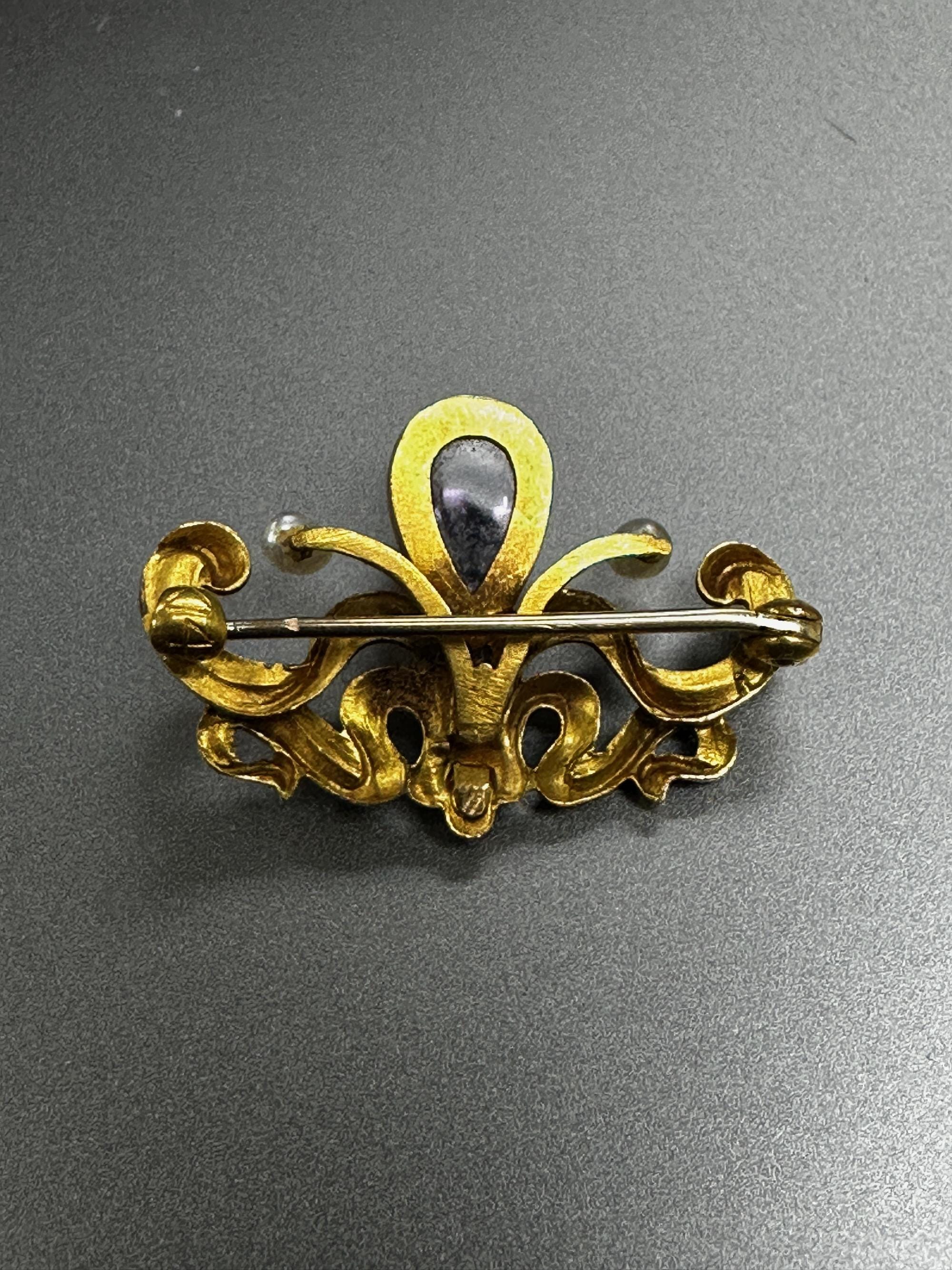 Art Nouveau Amethyst Pearl Brooch, 14K Yellow Gold Pin
