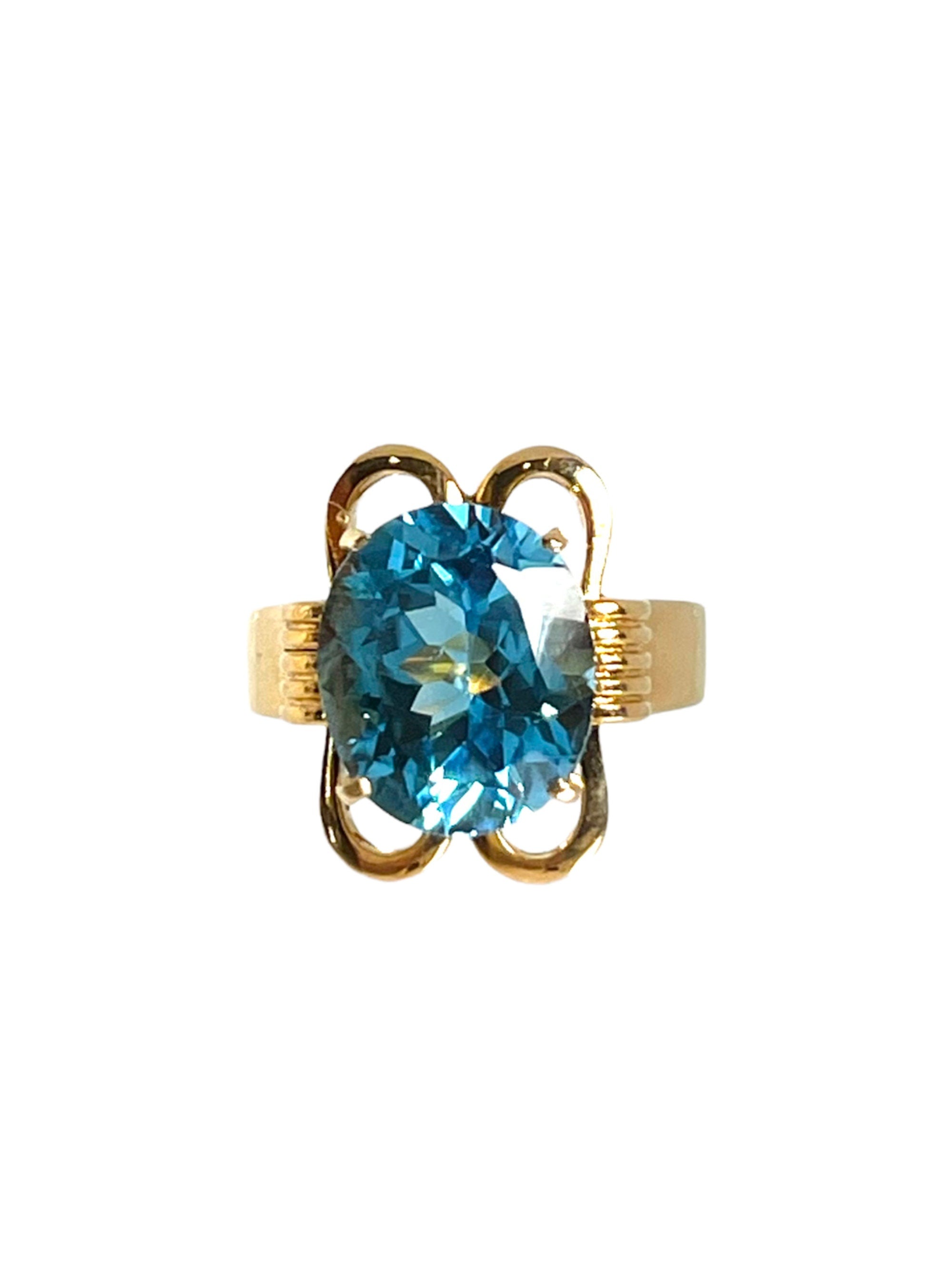 Vintage 14 Karat Yellow Gold Blue Topaz ring and Clip on Earring Set