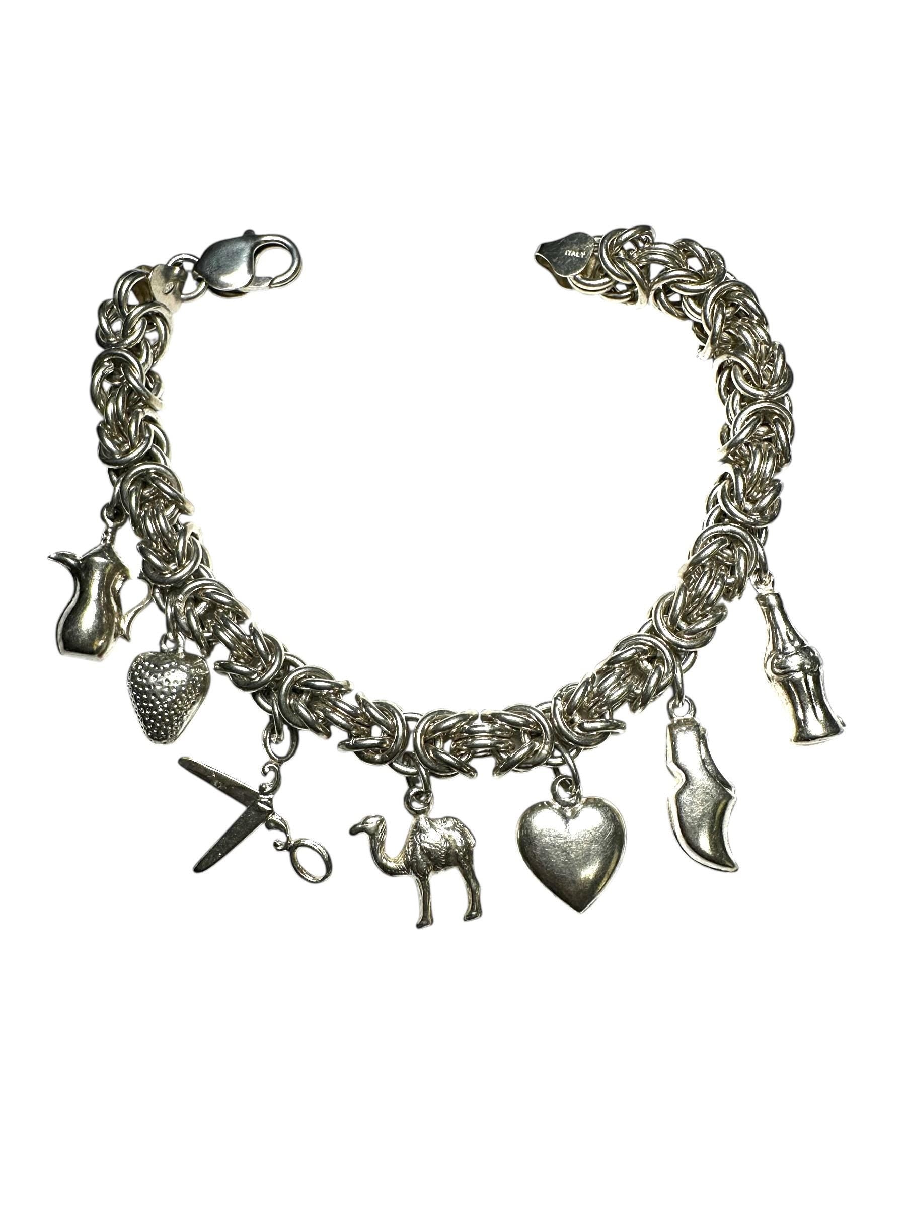 Vintage Sterling Silver Byzantine Bracelet with Charms: Soda, Shoe, Heart, Camel
