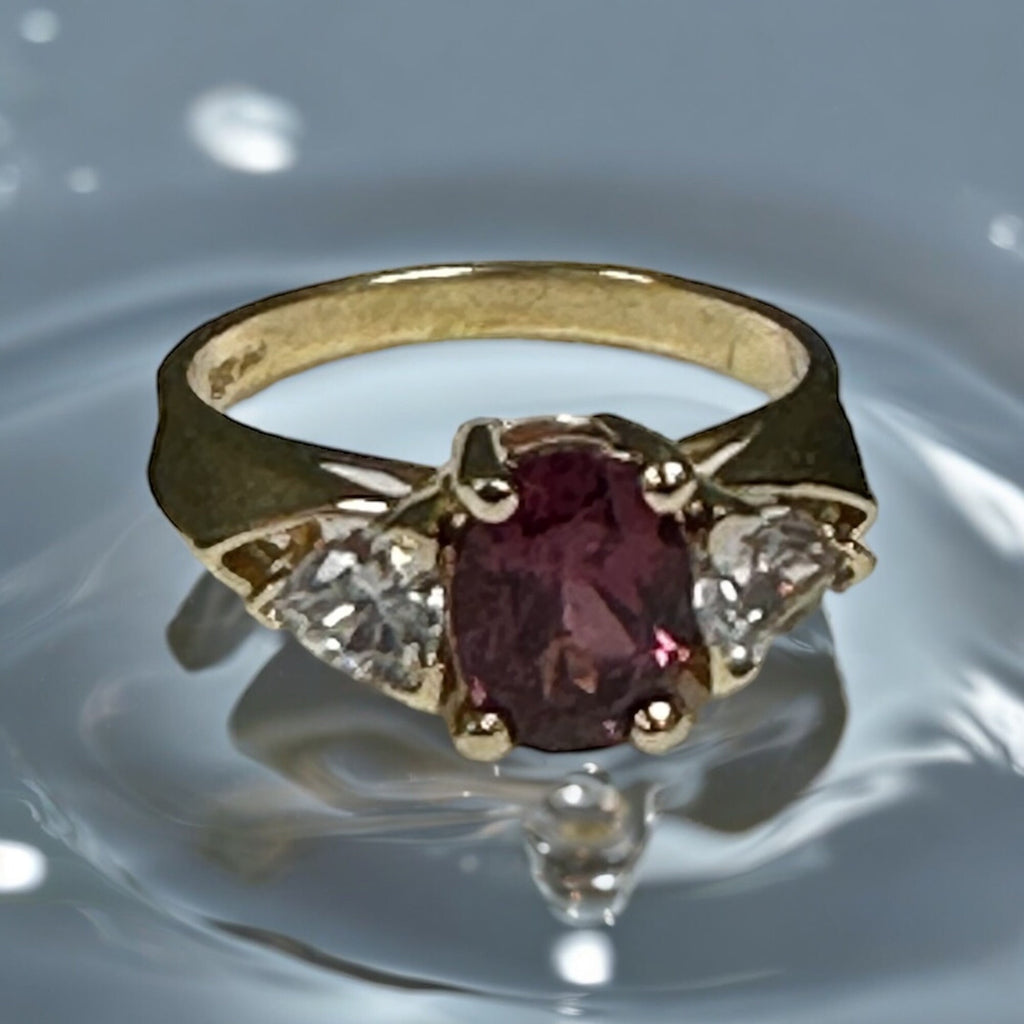 Vintage 14 karat Yellow Gold Rhodolite Garnet and Cubic Zirconia Ring