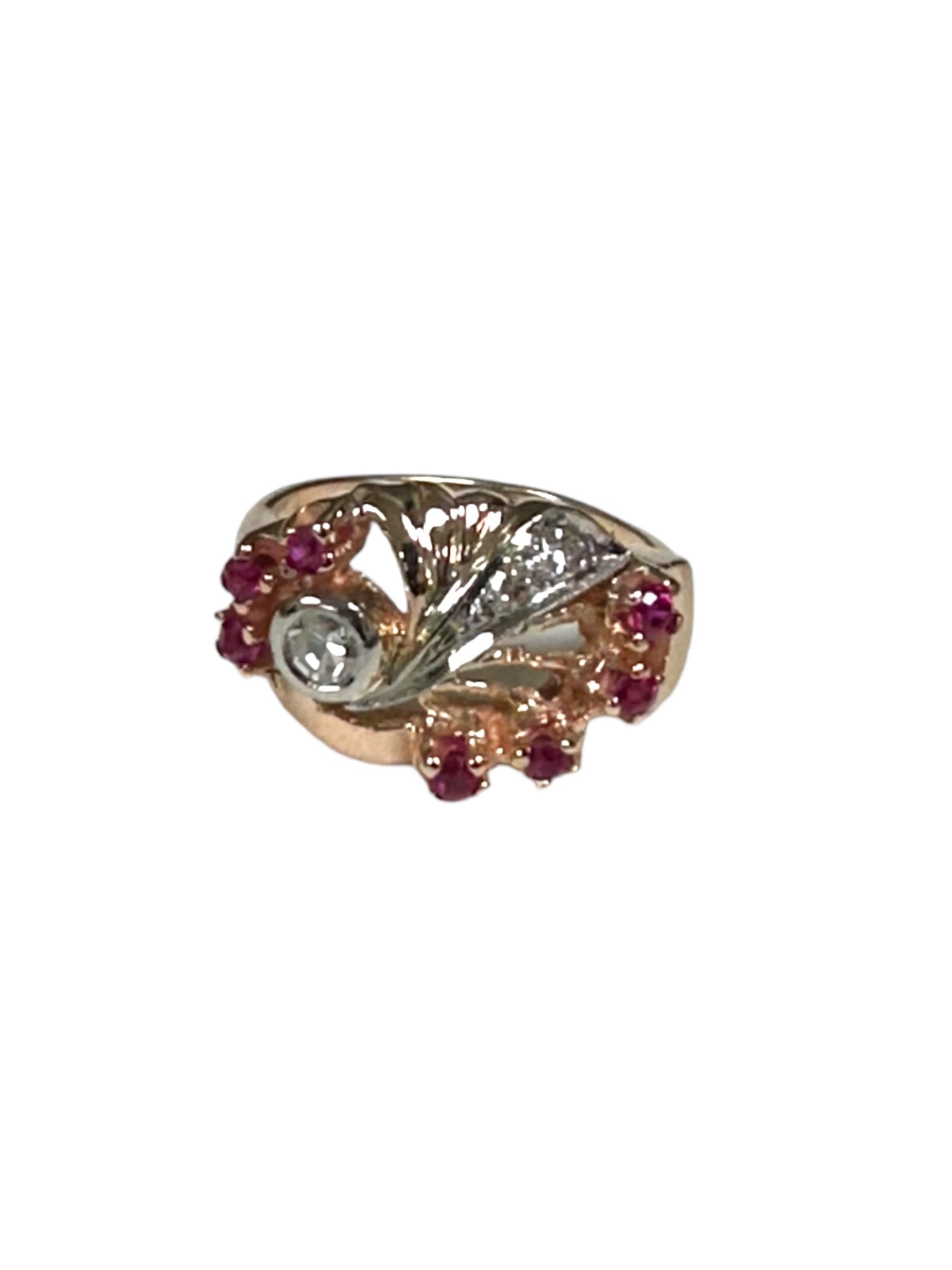 Vintage 14K Yellow-Pinkish Gold Ruby and Diamond Retro Ring - Cocktail Jewelry