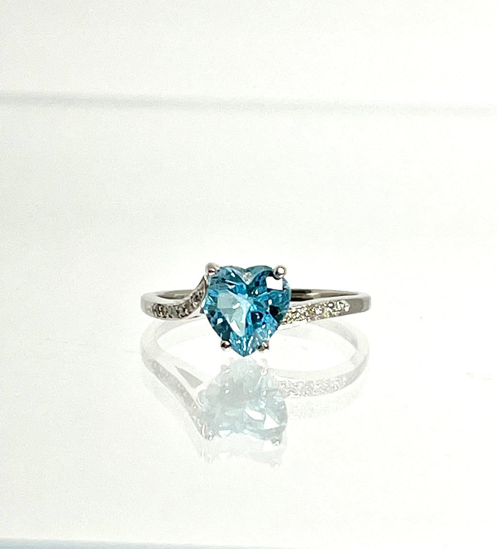 14K White Gold Heart Blue Topaz Ring with Diamond Accents