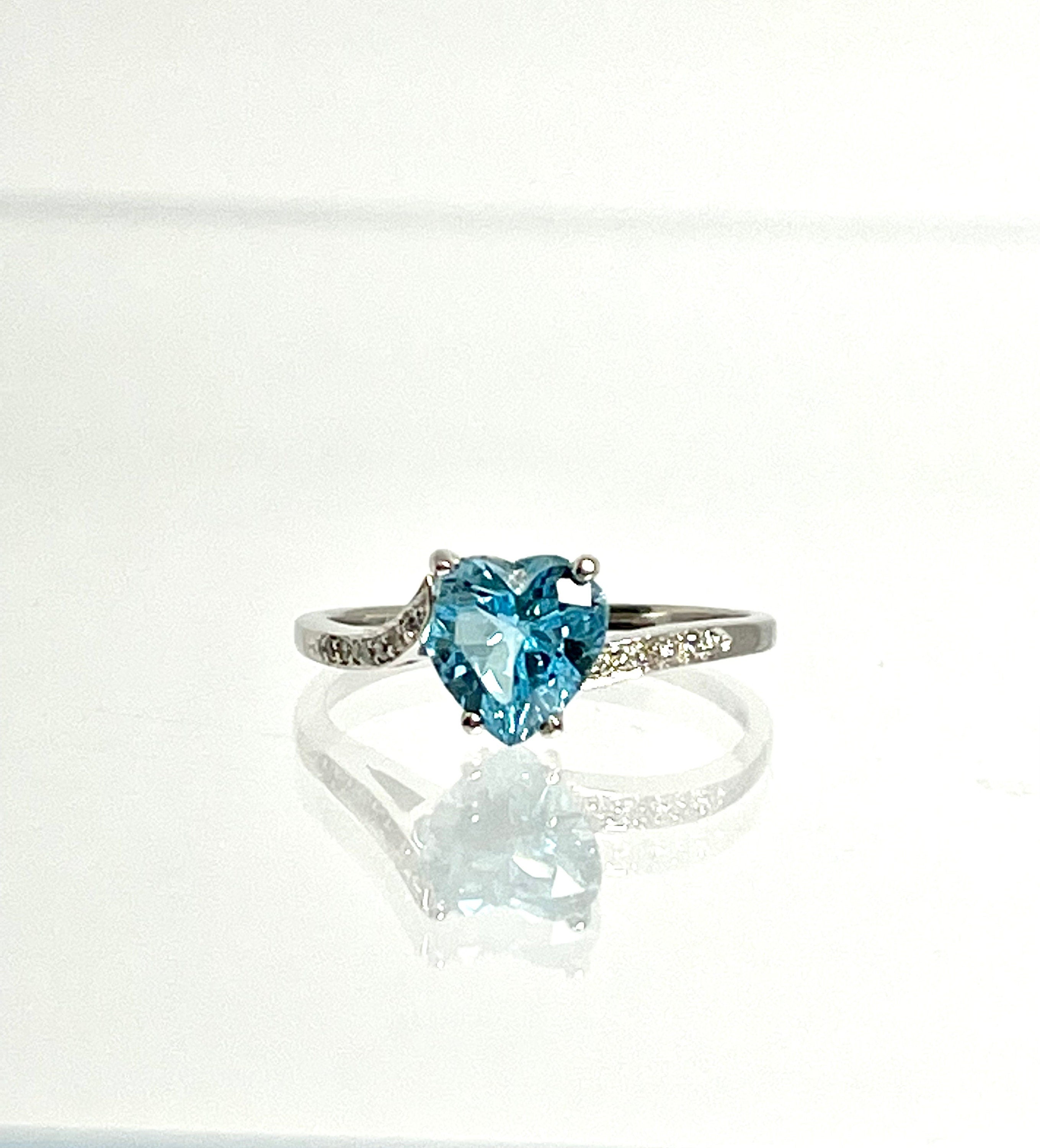 14K White Gold Heart Blue Topaz Ring with Diamond Accents