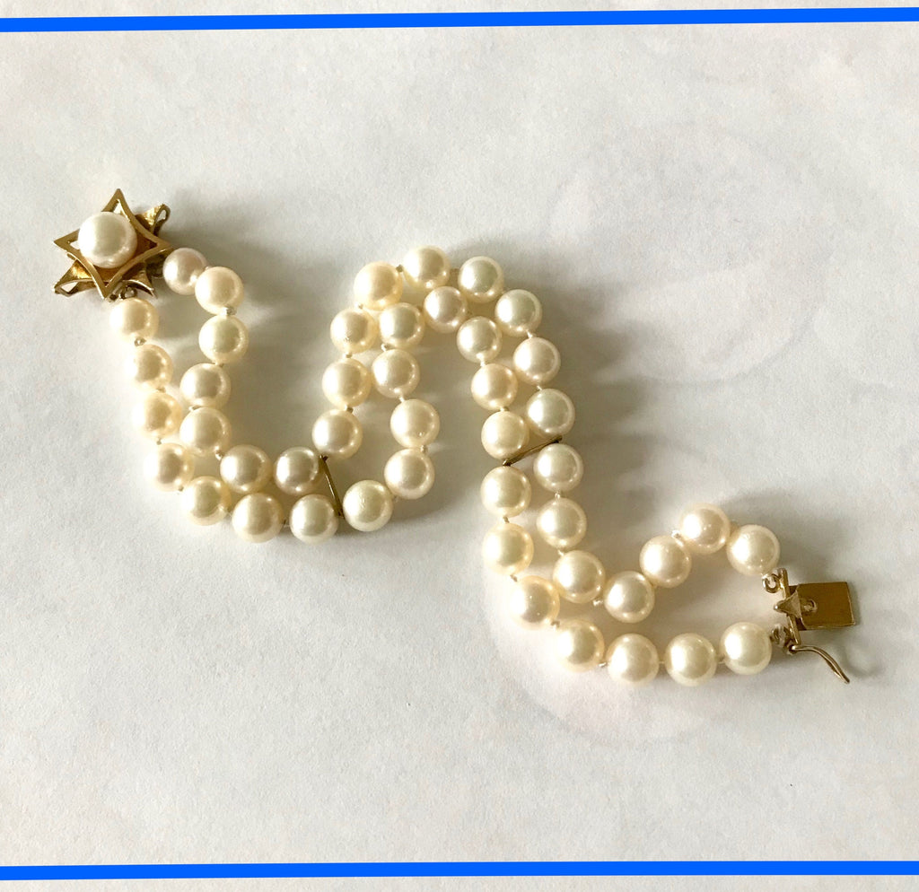 Vintage 14K Gold Double Strand Pearl Bracelet: 6.5-7mm Cultured Pearls