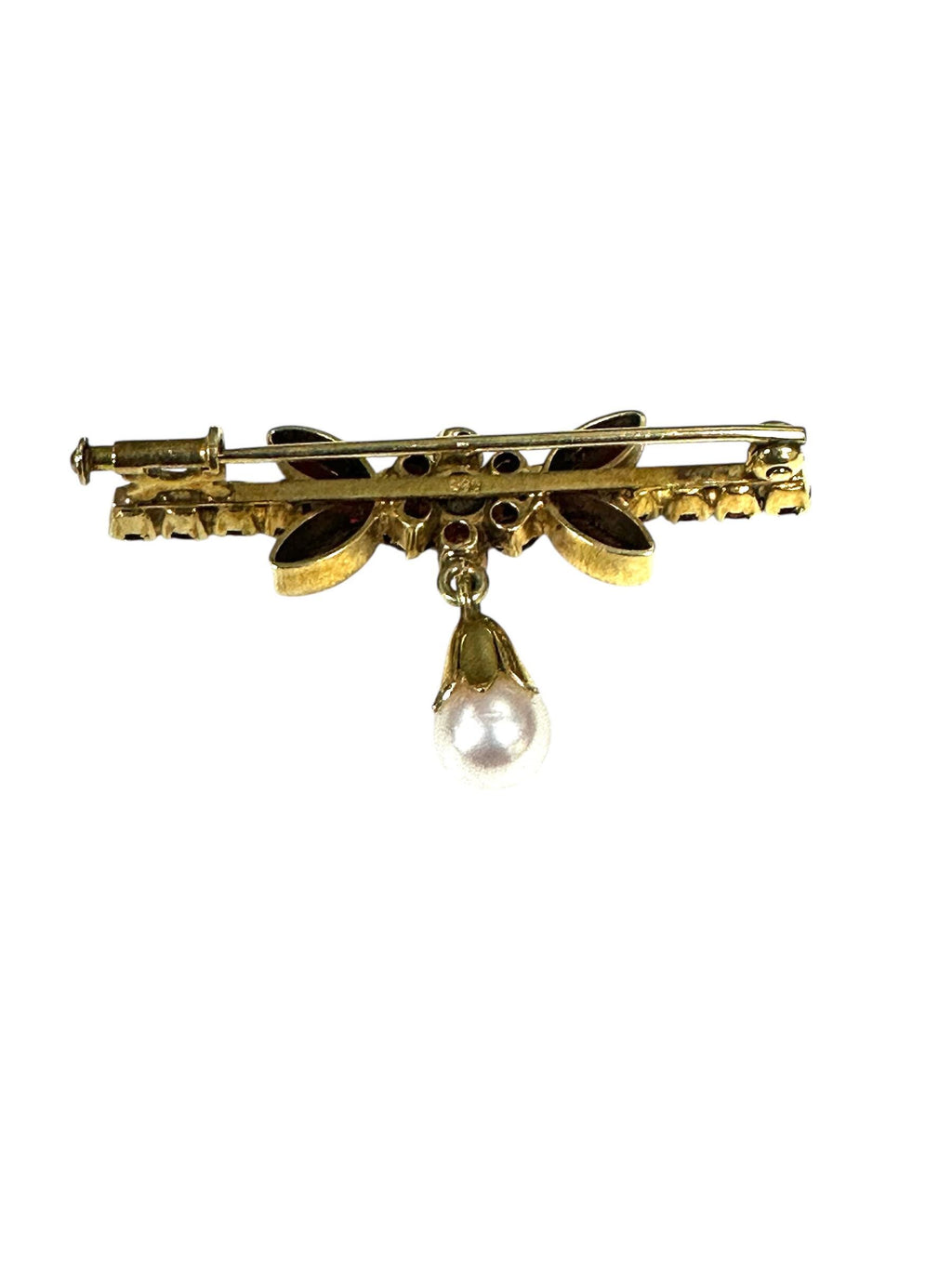 14K Yellow Gold Garnet Bar Pin with Cultured Pearl Drop in Floral Design