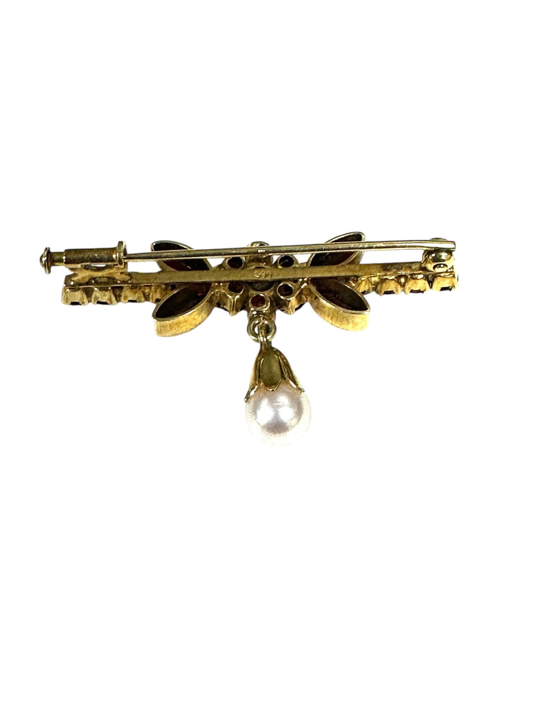 14K Yellow Gold Garnet Bar Pin with Cultured Pearl Drop in Floral Design