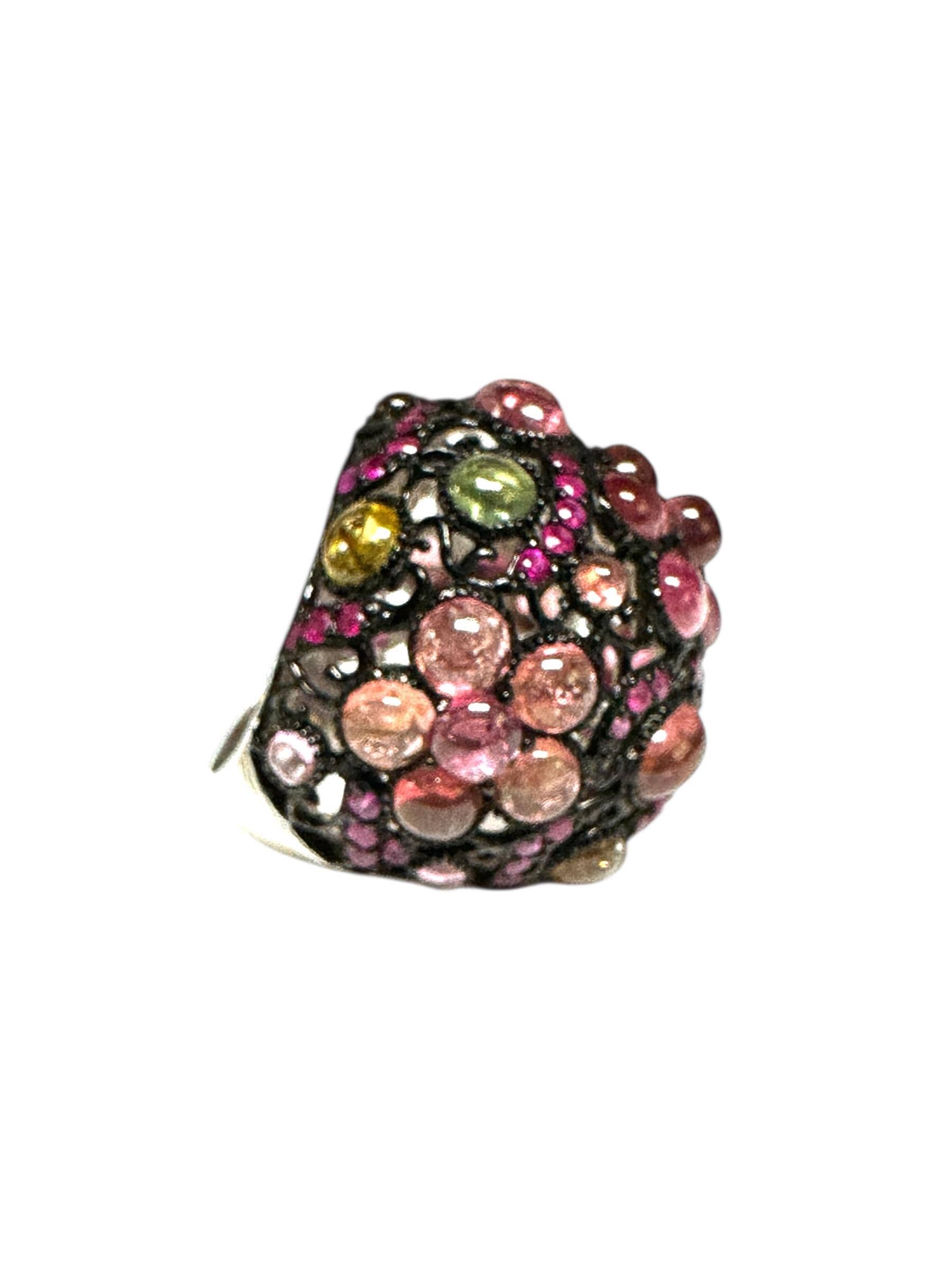 Oxidized Sterling Silver Dome Tourmaline and Ruby Ring, Cabochon Multi-Stone Design