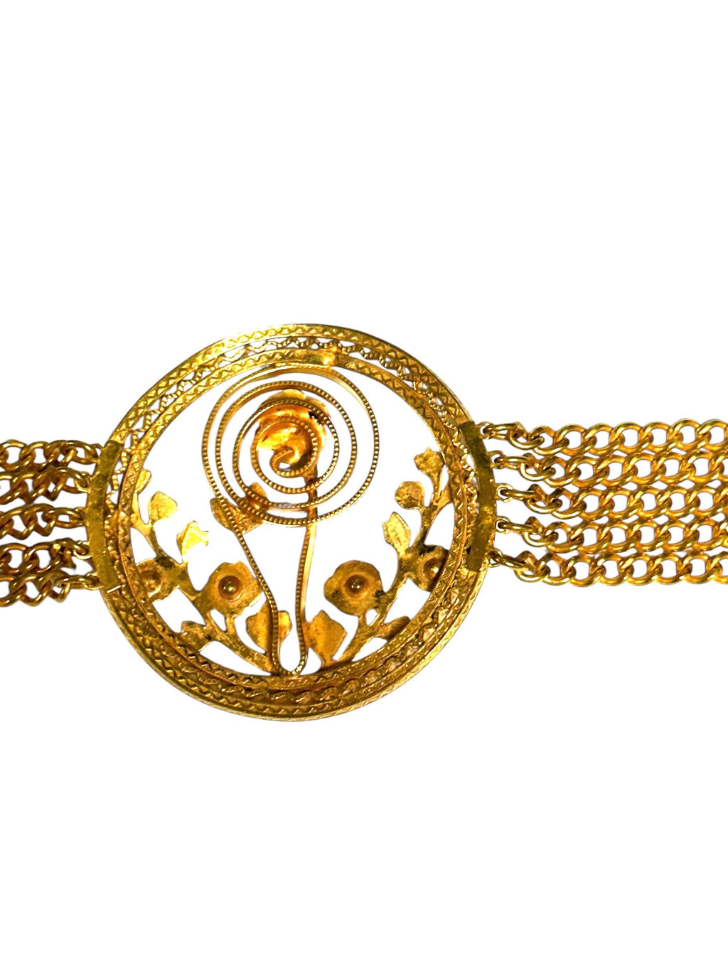 Gold Tone Marcasite Chain Bracelet with Center Flower Design and Scroll Design Clasp