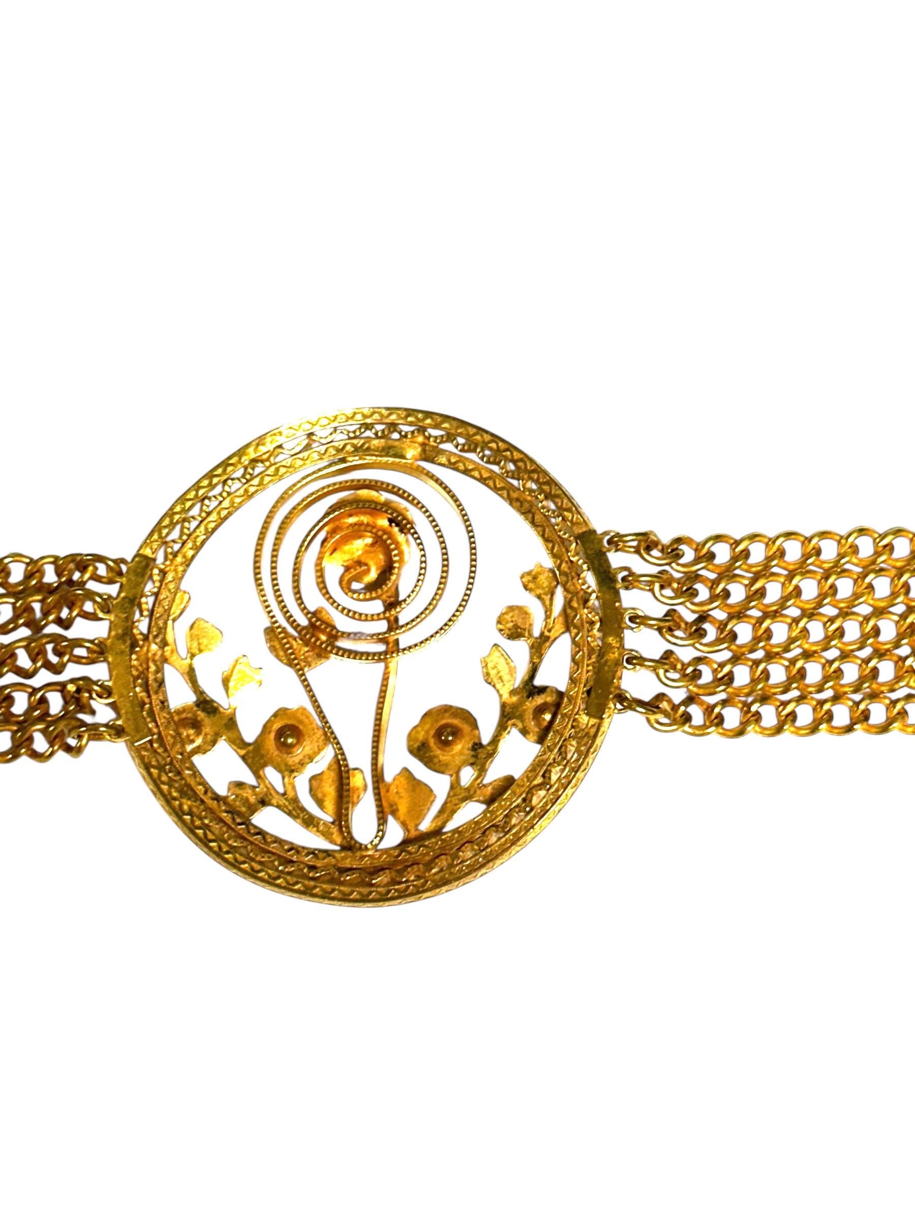 Gold Tone Marcasite Chain Bracelet with Center Flower Design and Scroll Design Clasp