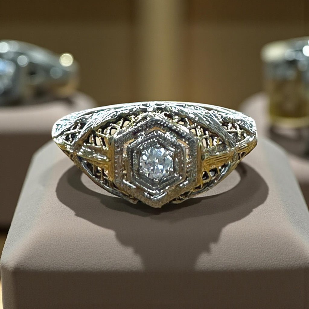 Edwardian 18 Karat White Gold Diamond Filigree Ring with Love Birds