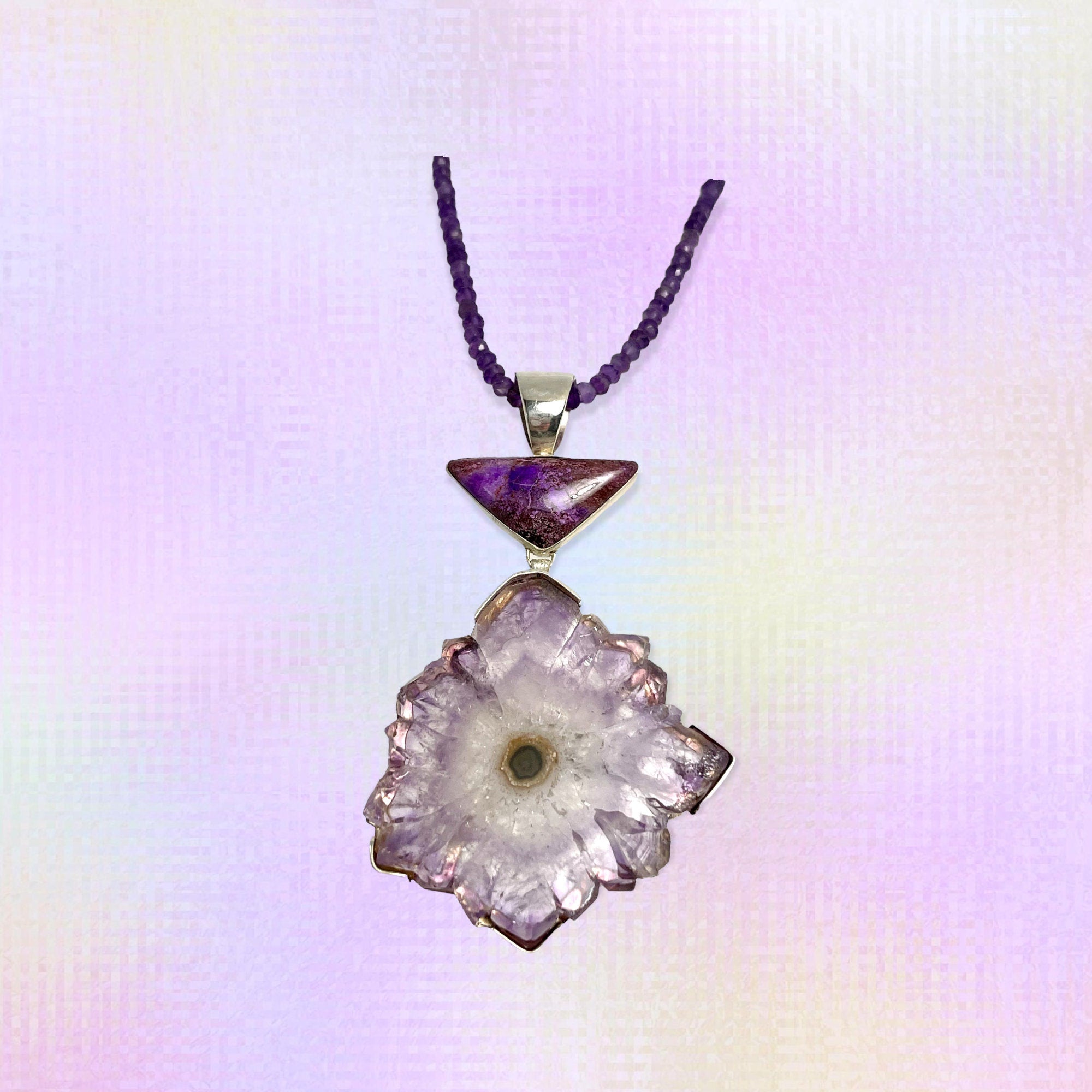 Vintage Sterling Silver Amethyst Stalactite Slice Pendant with Sugilite
