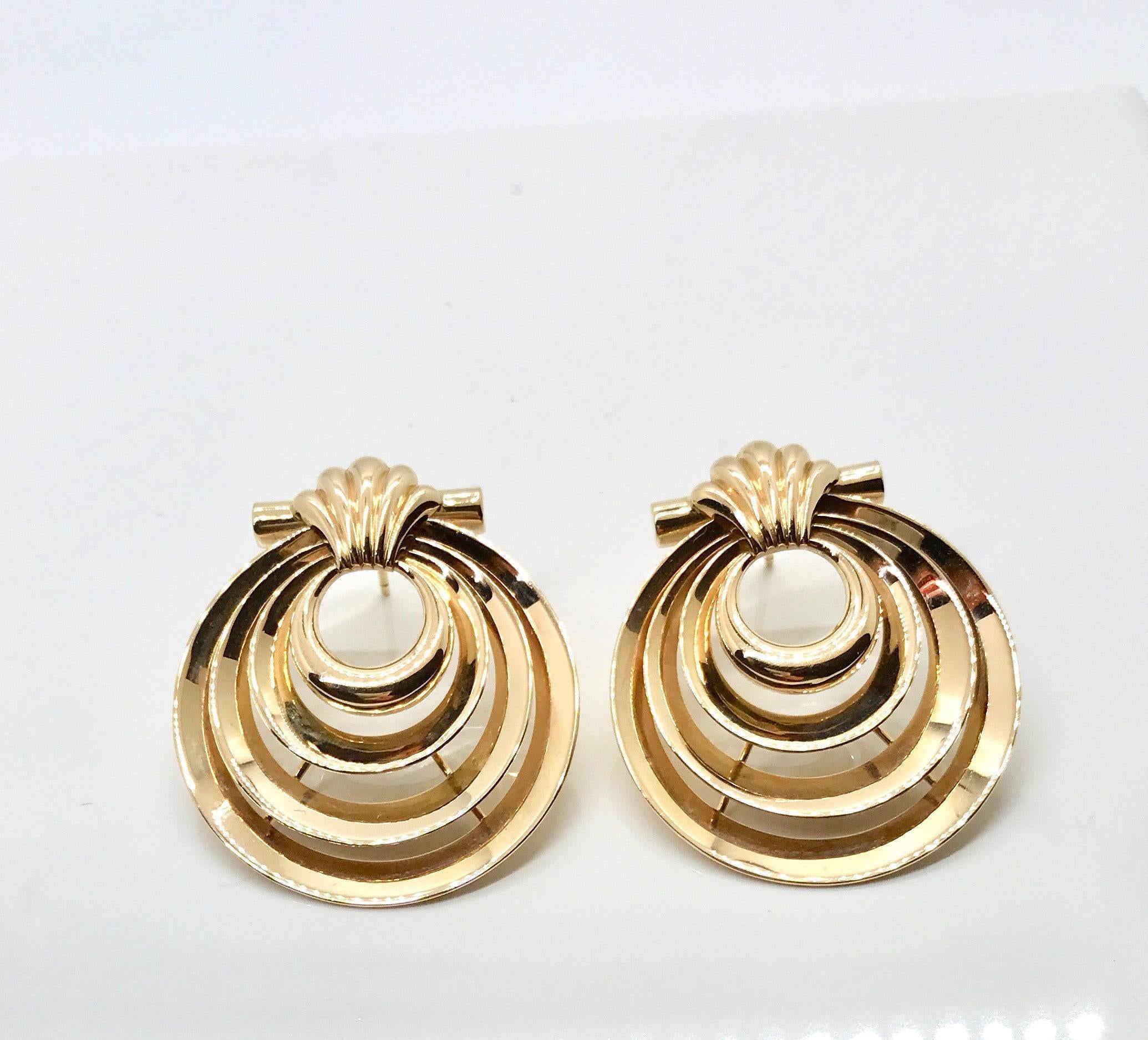 14k Yellow Gold Art Deco Earrings: Pierced Statement Jewelry