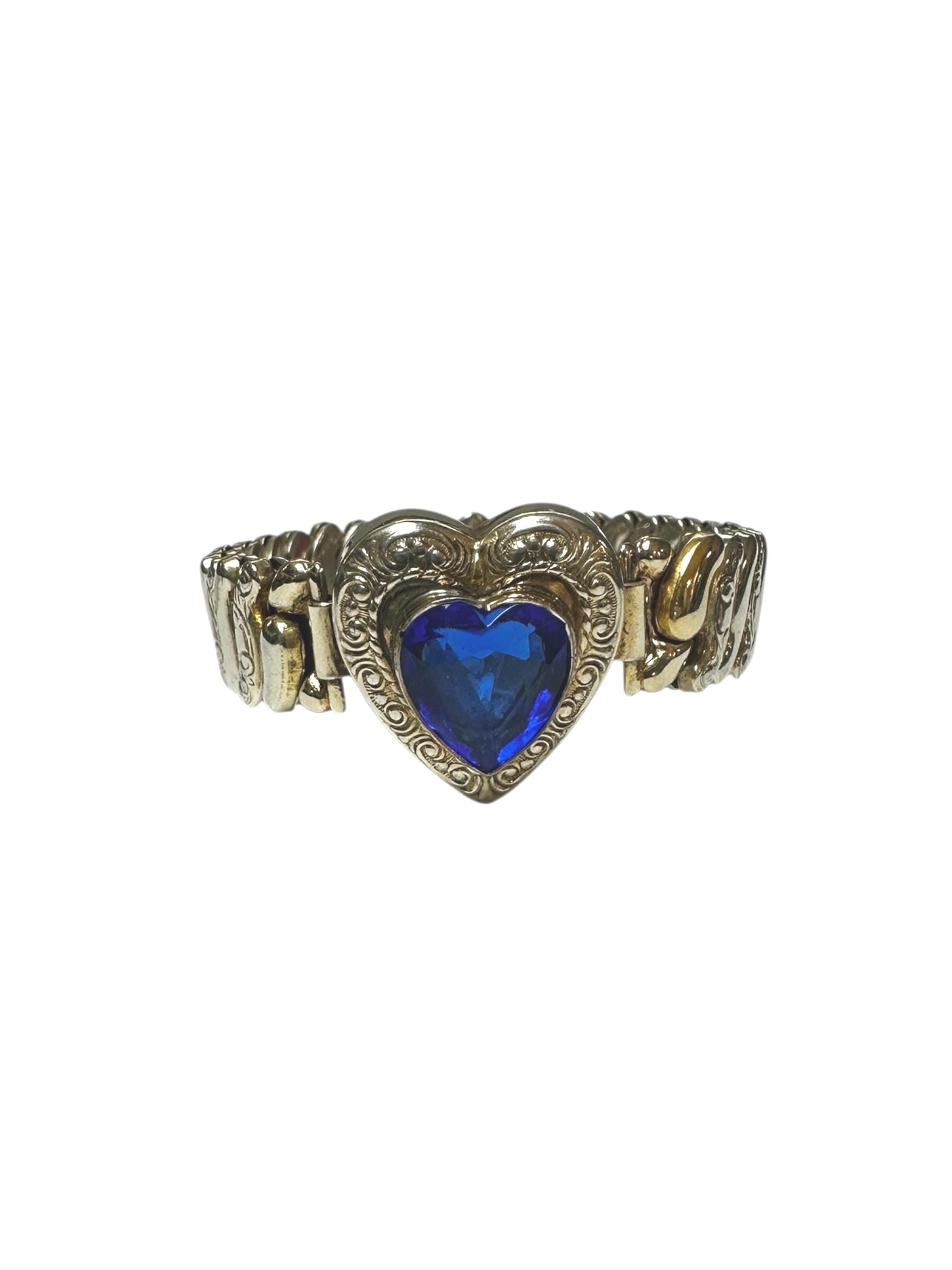 Antique Glass Heart Gold Sterling Silver Sweetheart Expansion Bracelet-1930s-40s