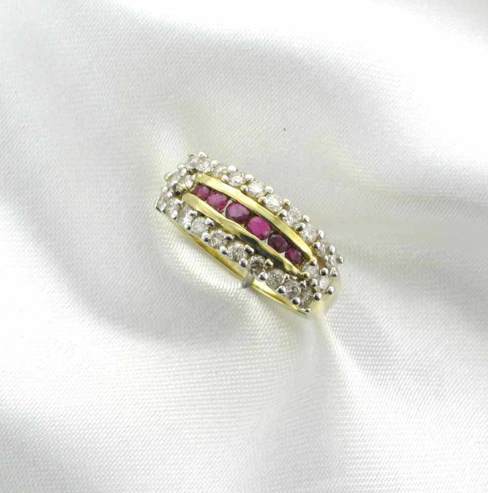 14K Yellow Gold Ruby Diamond Stacking Ring, Estate Vintage Straight Line Band