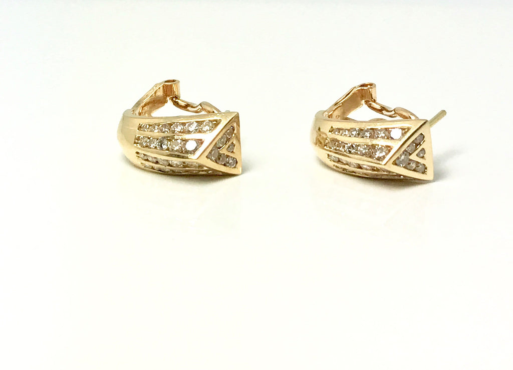 Vintage 14K Yellow Gold Diamond Earrings: Geometric Channel Set Clip Ons