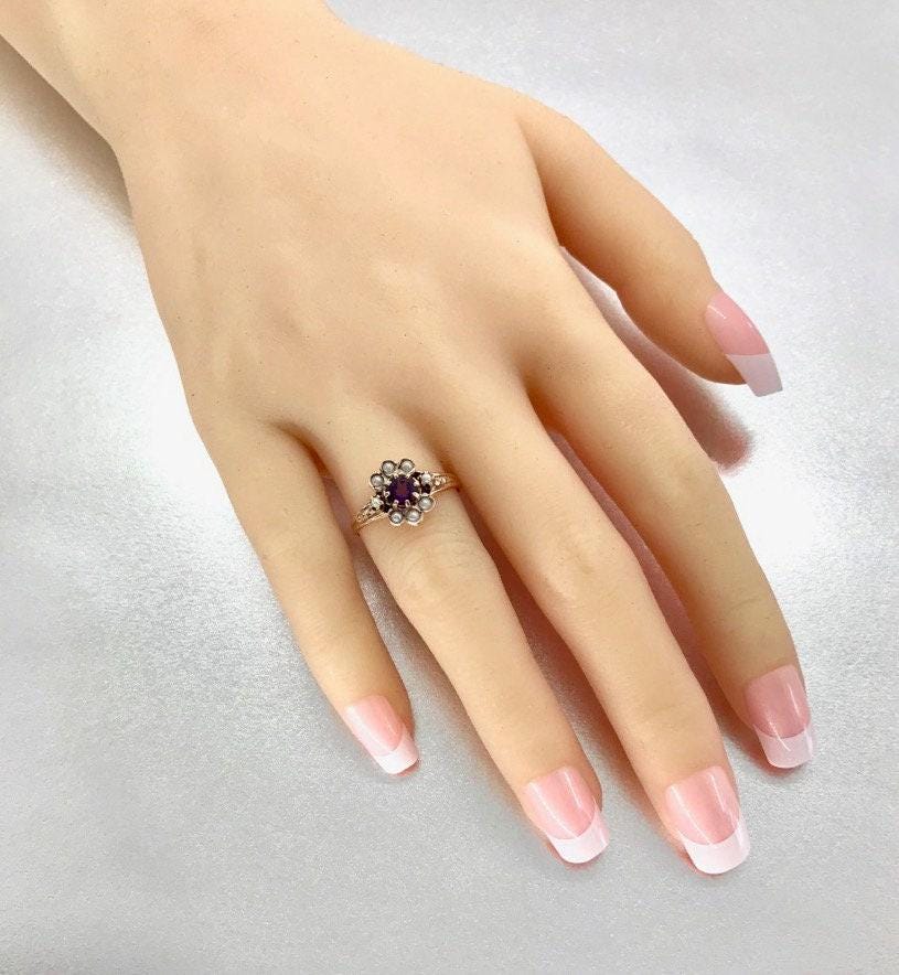 Victorian 10k Yellow Gold Amethyst Pearl Ring: February Birthstone
