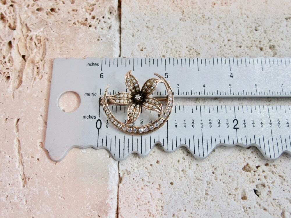 Antique Diamond & Pearl Crescent Star Pin: Victorian 14k Gold