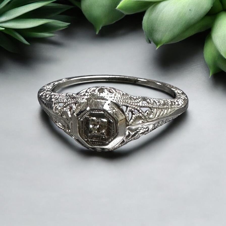 Edwardian Filigree Diamond Ring in 14K White Gold - Elegant Vintage Style