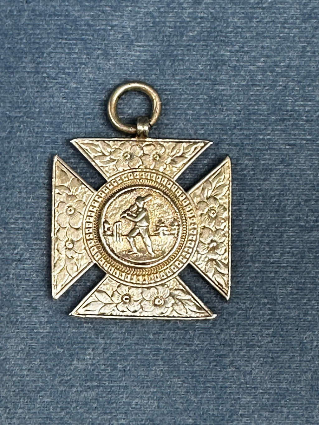 Sterling Silver Hallmarked Cricket Medal with Floral Accent