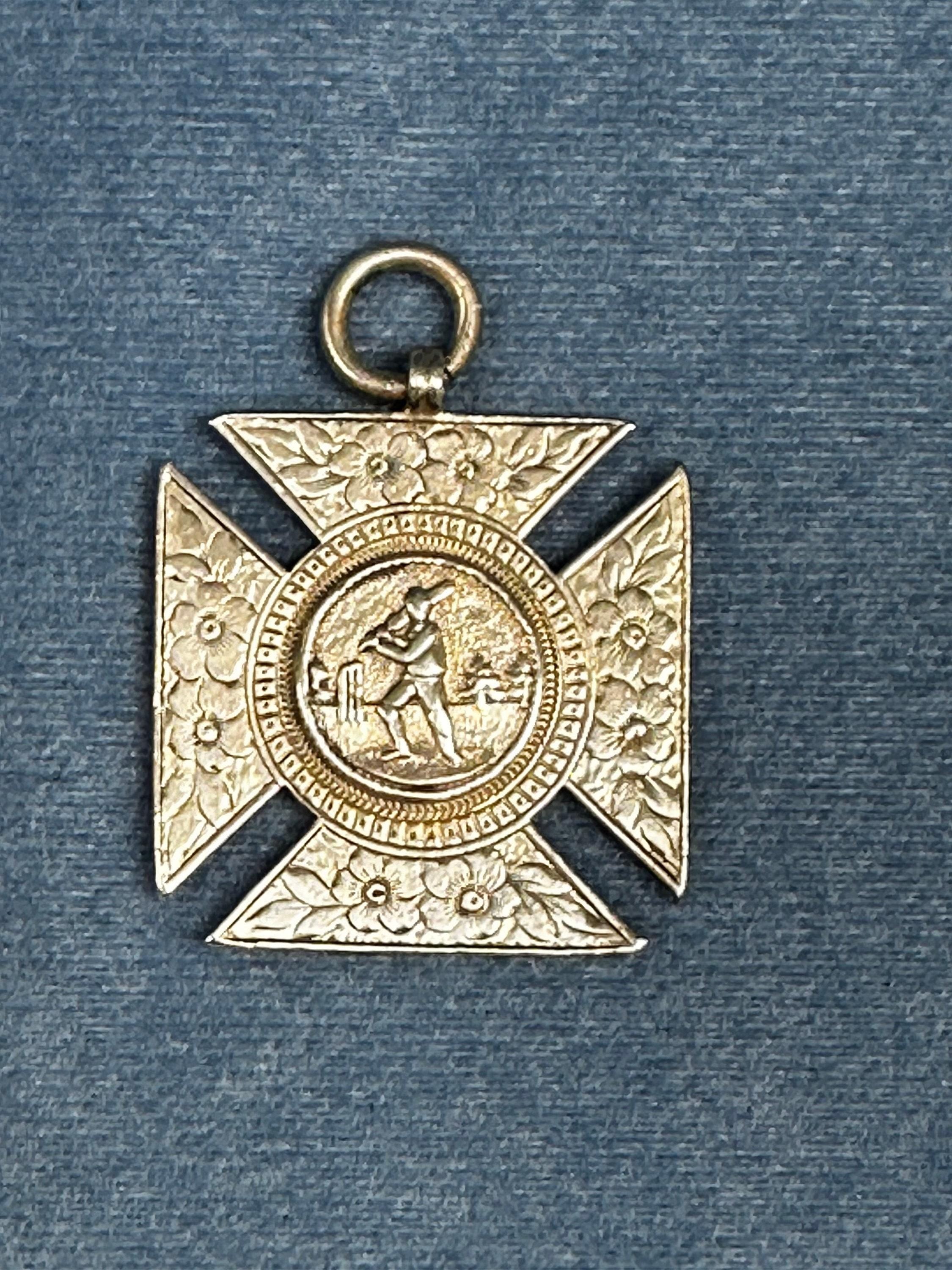 Sterling Silver Hallmarked Cricket Medal with Floral Accent