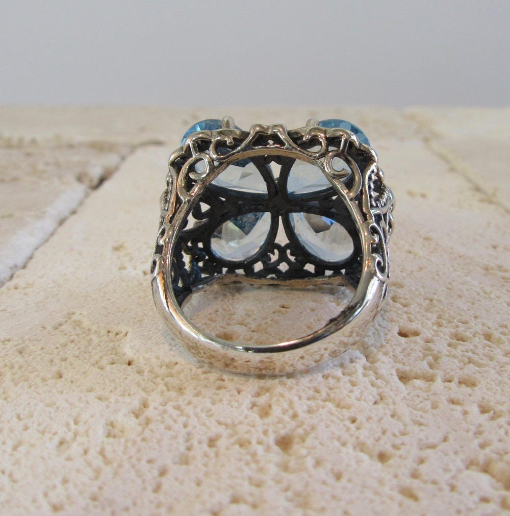 Sterling Silver Blue Topaz Ring, Blue Topaz Ring, Filigree Blue Topaz Ring, Silver Filigree Ring, Statement Ring, Sterling Statement Ring