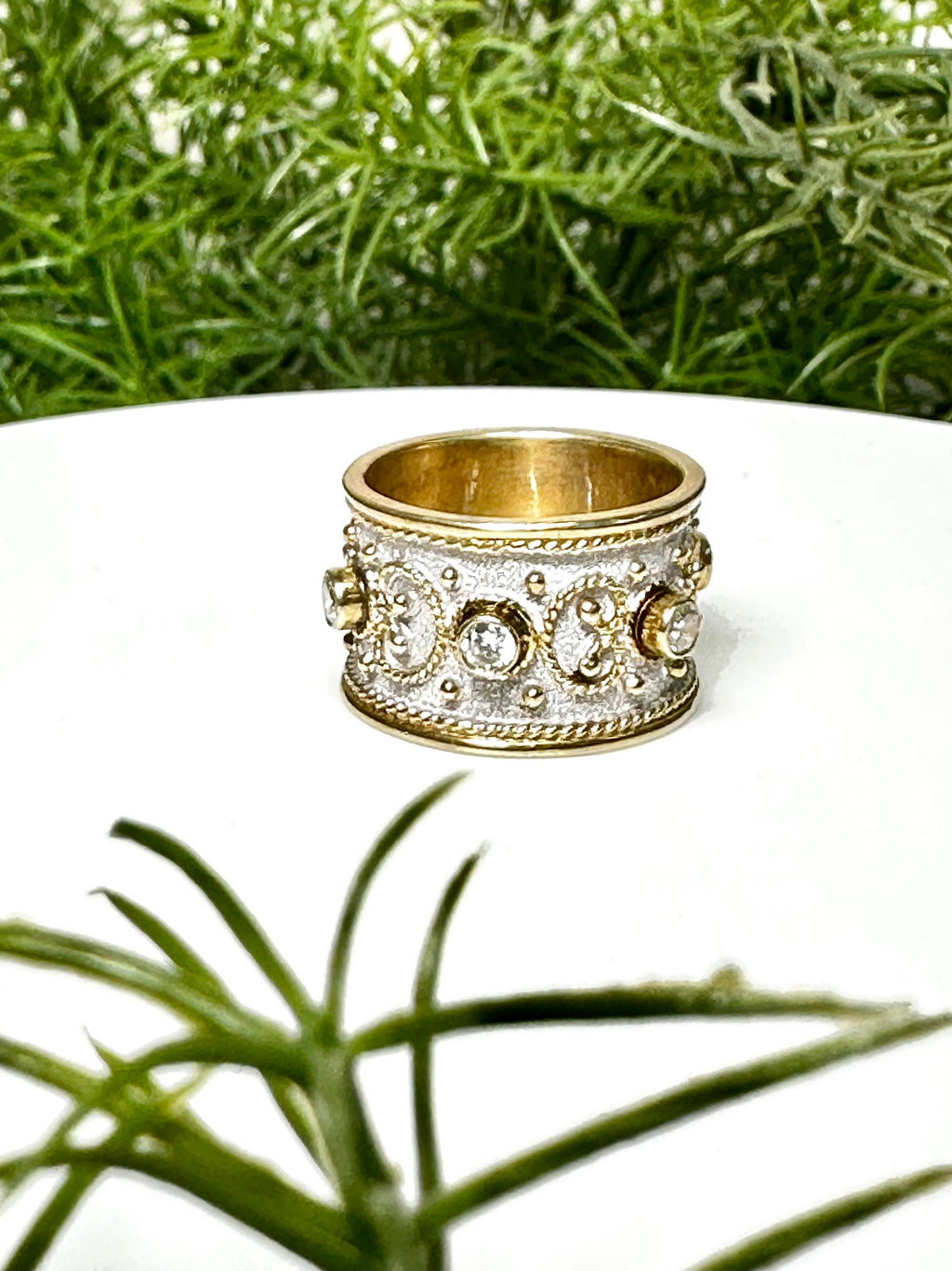 Hand Crafted Sterling Silver Ring with Gold Plated Accents and Cubic Zirconia