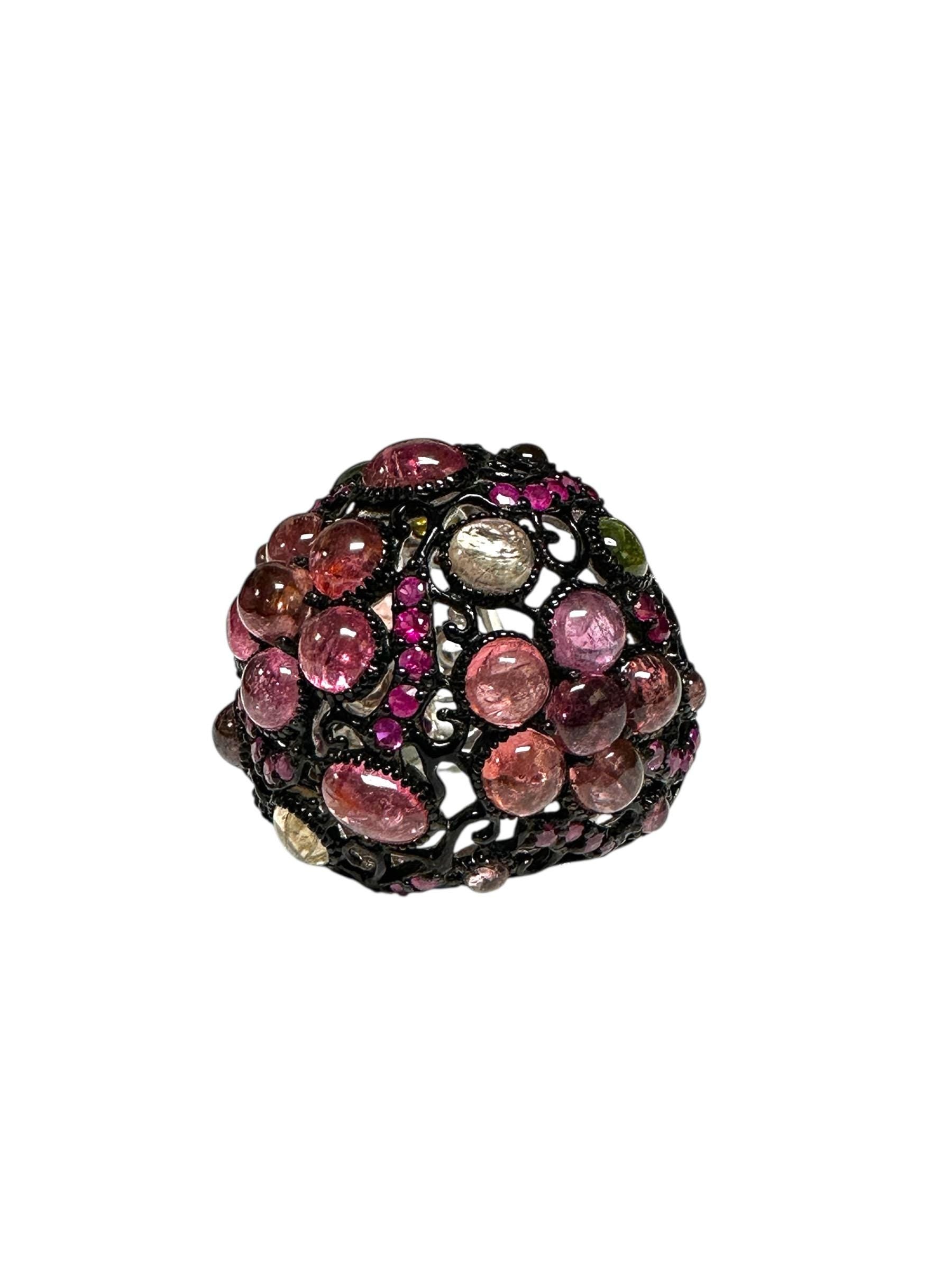 Oxidized Sterling Silver Dome Tourmaline and Ruby Ring, Cabochon Multi-Stone Design