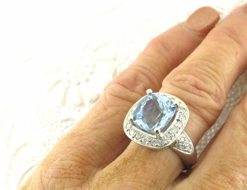 Vintage Aquamarine Diamond Halo Ring, 14k White Gold Cocktail Ring