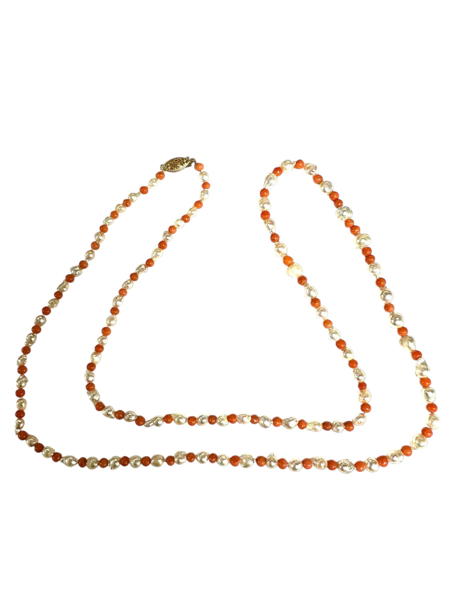Vintage Coral and Baroque Pearl Necklace: 14K Gold Filigree Clasp, 28 Inch