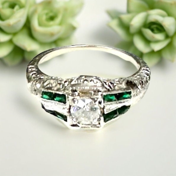 White Gold Diamond and Synthetic Emerald Filigree Engagement Ring
