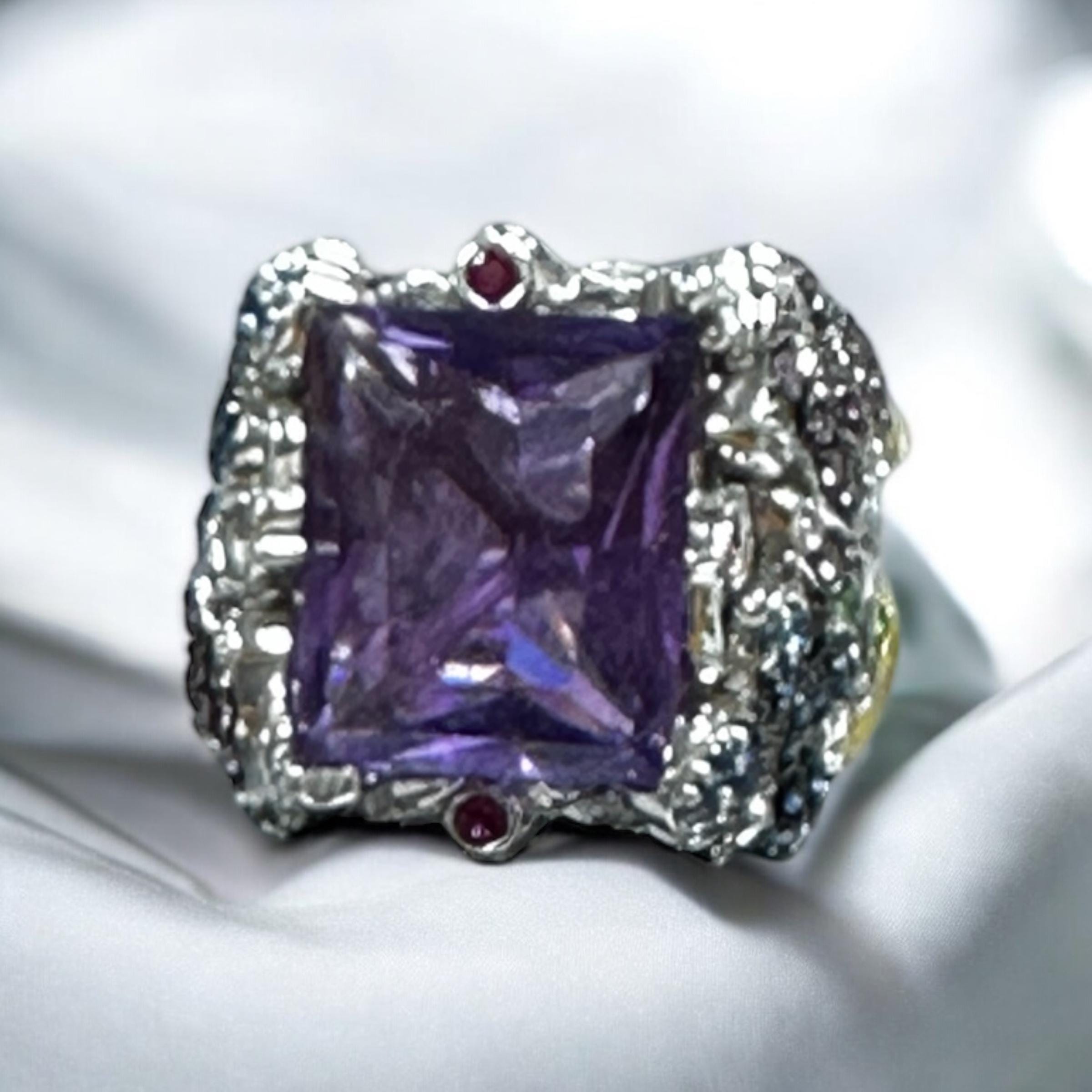 18K White Gold Amethyst Cocktail Ring: Sapphire, Ruby, Diamond Butterfly Flower Ring