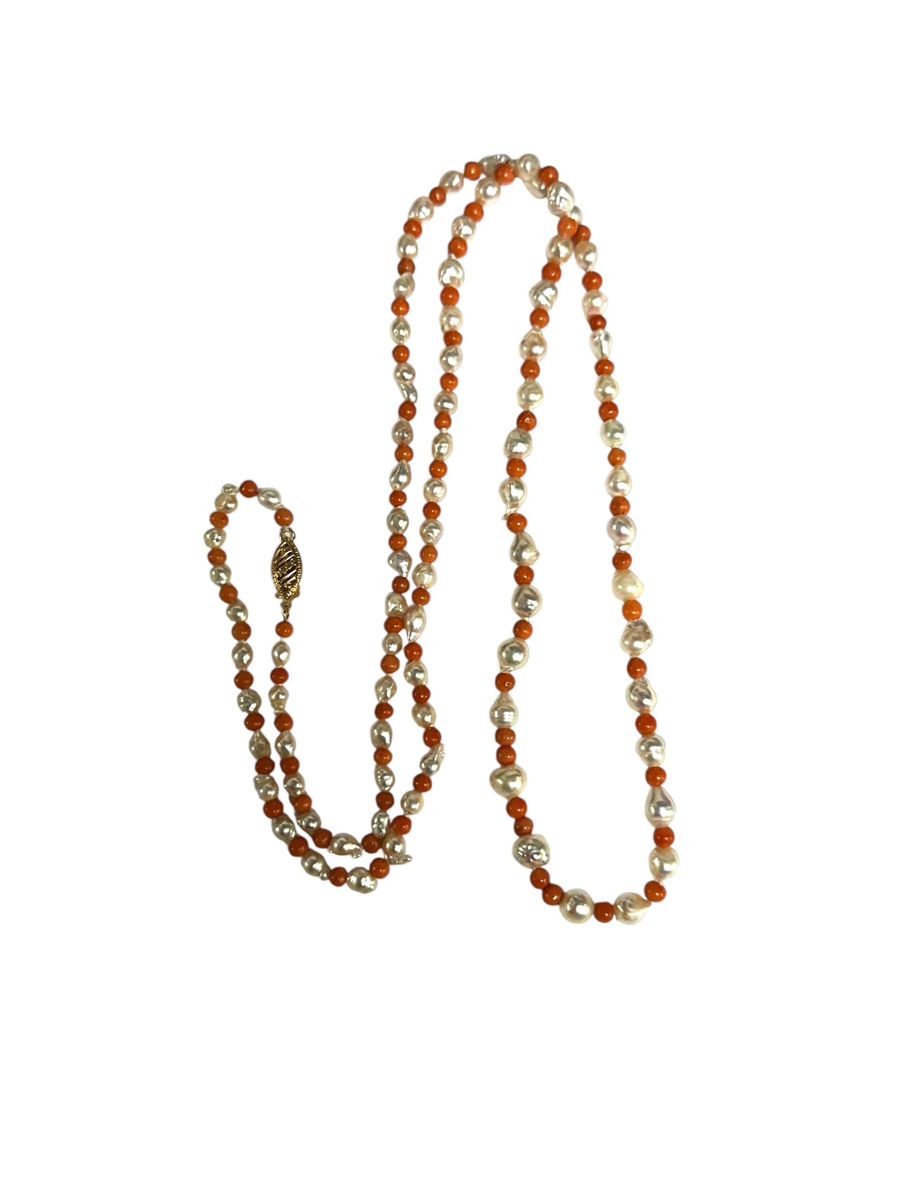 Vintage Coral and Baroque Pearl Necklace: 14K Gold Filigree Clasp, 28 Inch