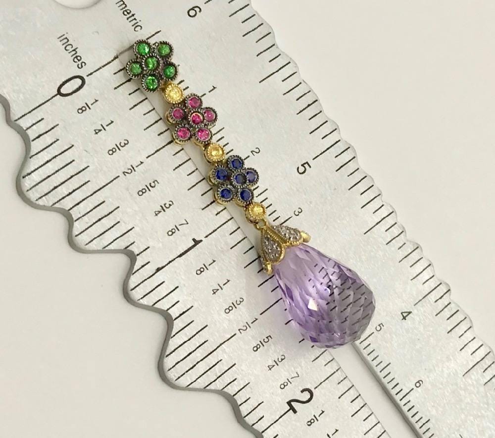 18K Gold Amethyst Briolette Pendant: Ruby, Sapphire, Garnet & Diamond Floral Estate Jewelry