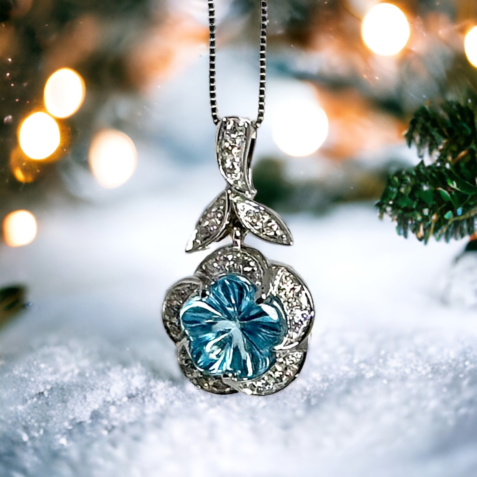 14K White Gold Flower-Cut Blue Topaz Diamond Necklace