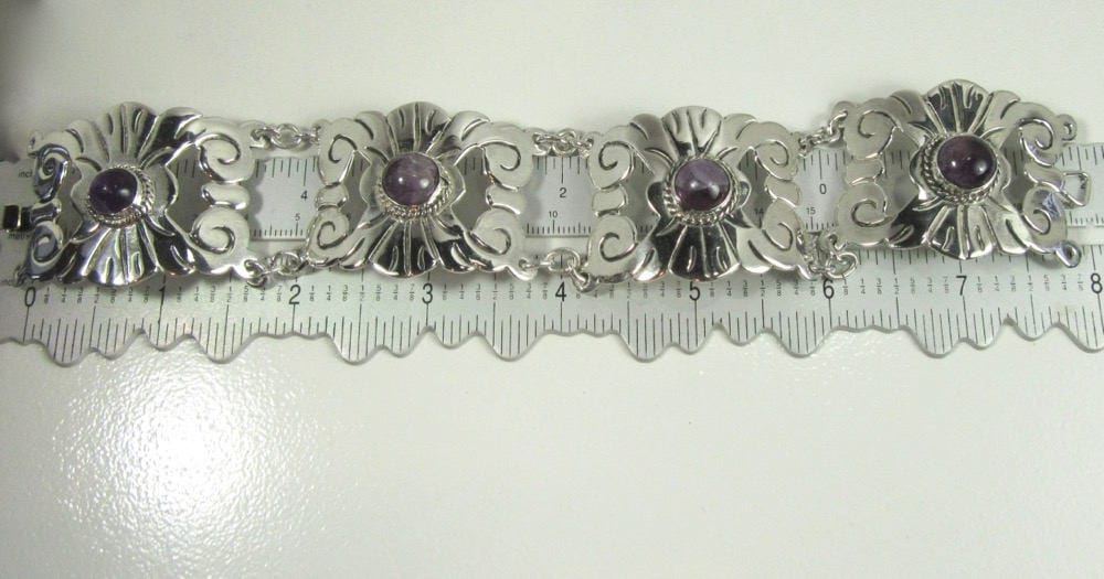 Vintage Mexican Silver Amethyst Link Bracelet: Geometric Scroll Design