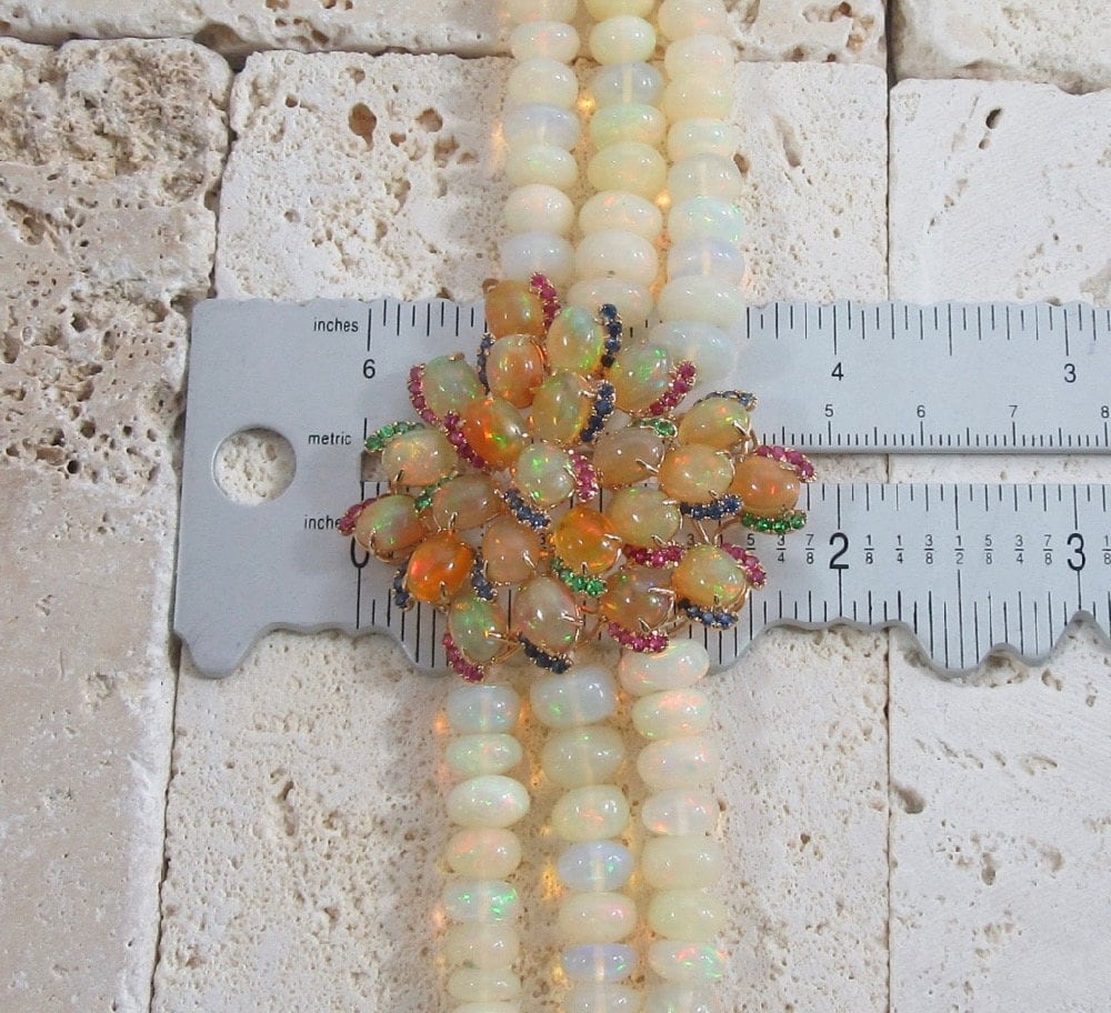 Triple Strand Opal Necklace: Sapphire, Ruby, Emerald & Diamond Clasp