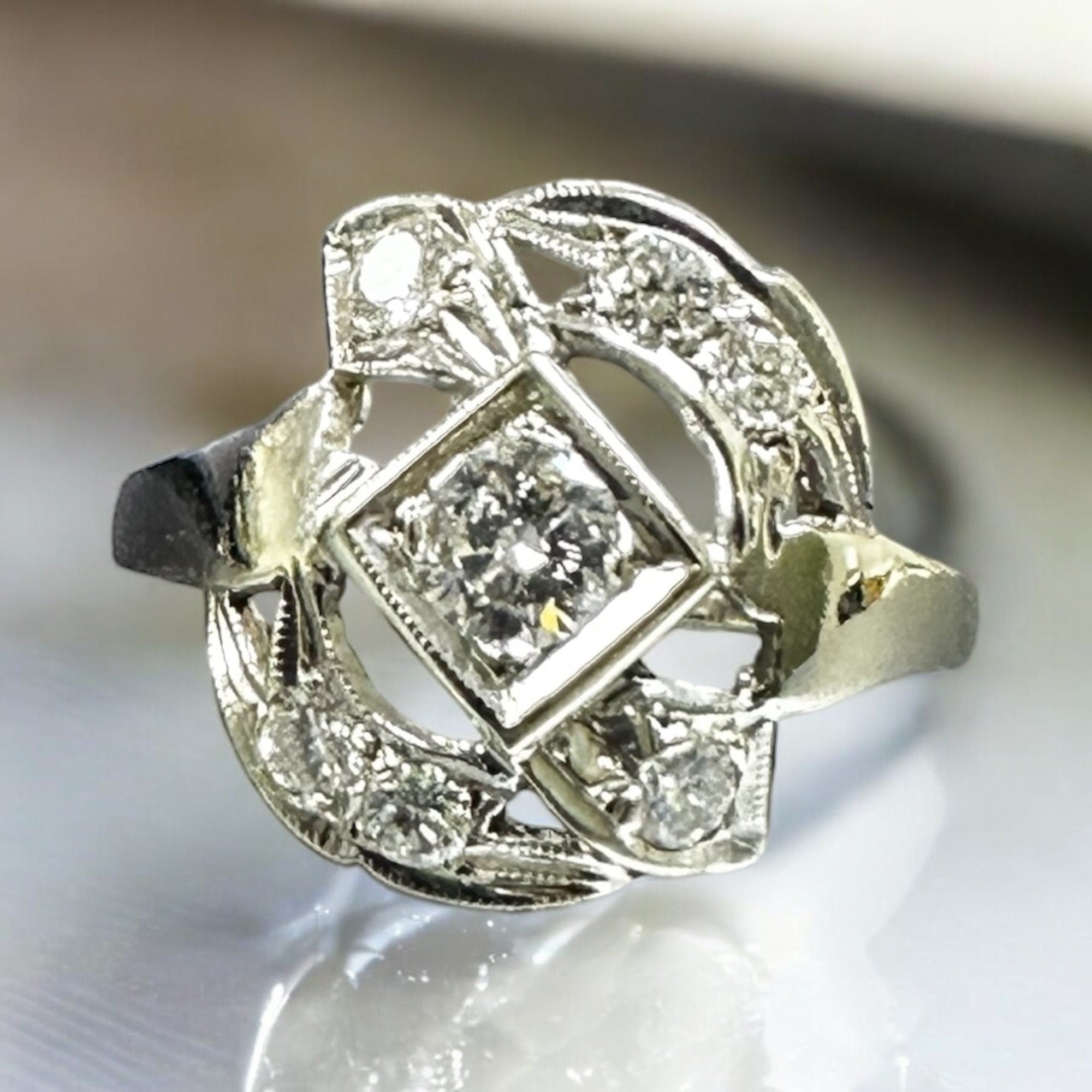 1950s White Gold Diamond Cocktail Ring, 0.25 Carat, Size 6.75