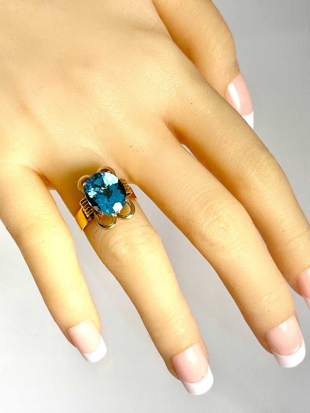 Vintage 14 Karat Yellow Gold Blue Topaz ring and Clip on Earring Set