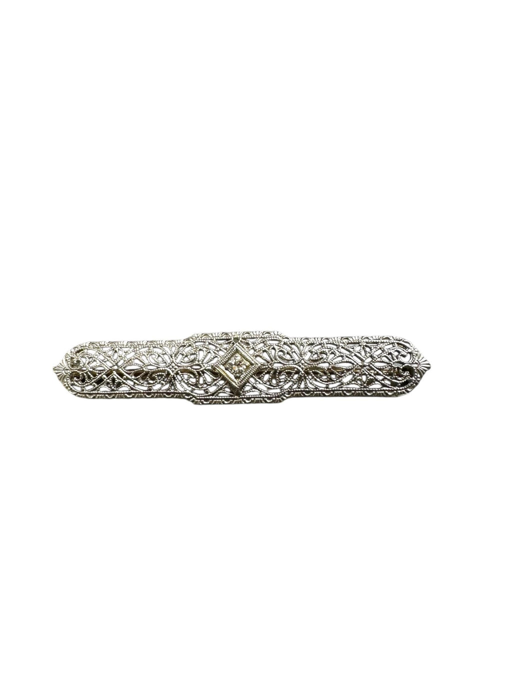 Elegant Edwardian Diamond Filigree Bar Pin in 14K White Gold