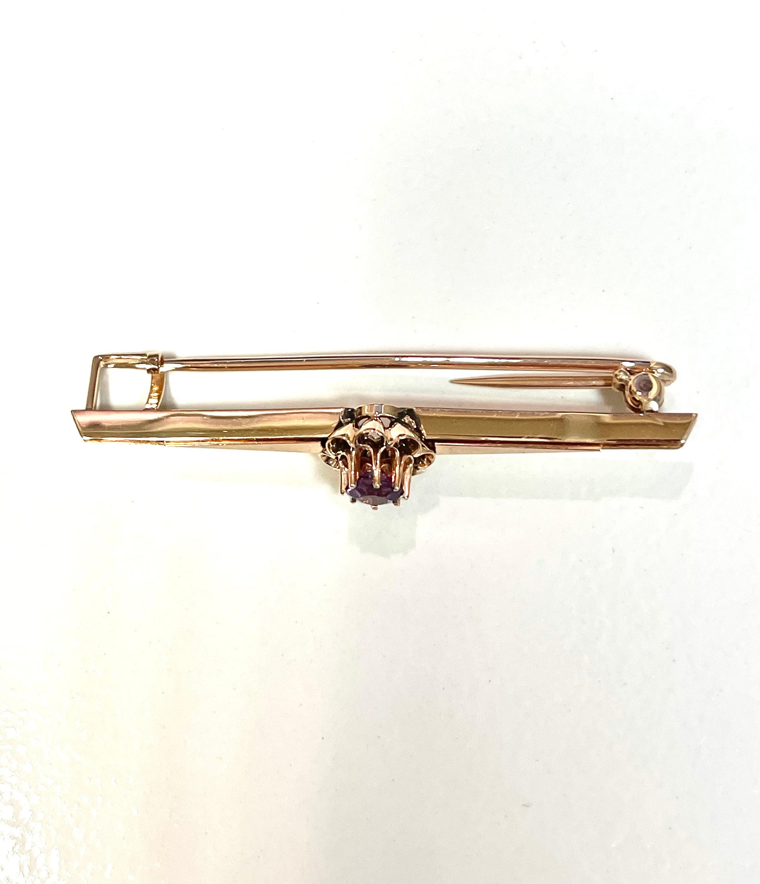 Antique 14k Yellow Gold Amethyst Bar Pin Brooch