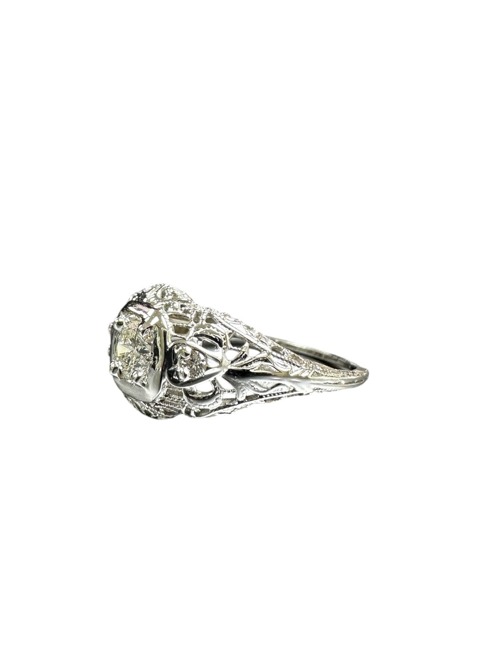 Vintage 18K White Gold Diamond Ring - Elegant Edwardian Filigree