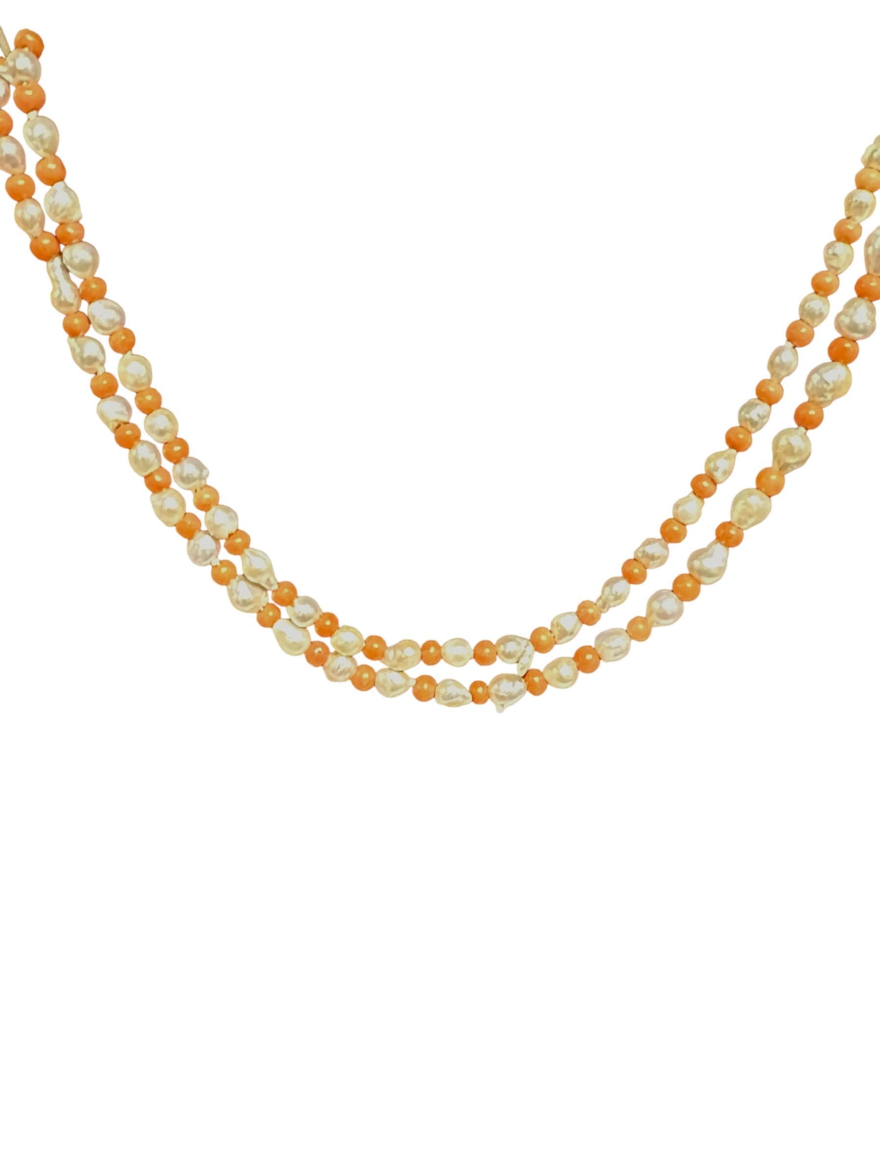 Vintage Coral and Baroque Pearl Necklace: 14K Gold Filigree Clasp, 28 Inch