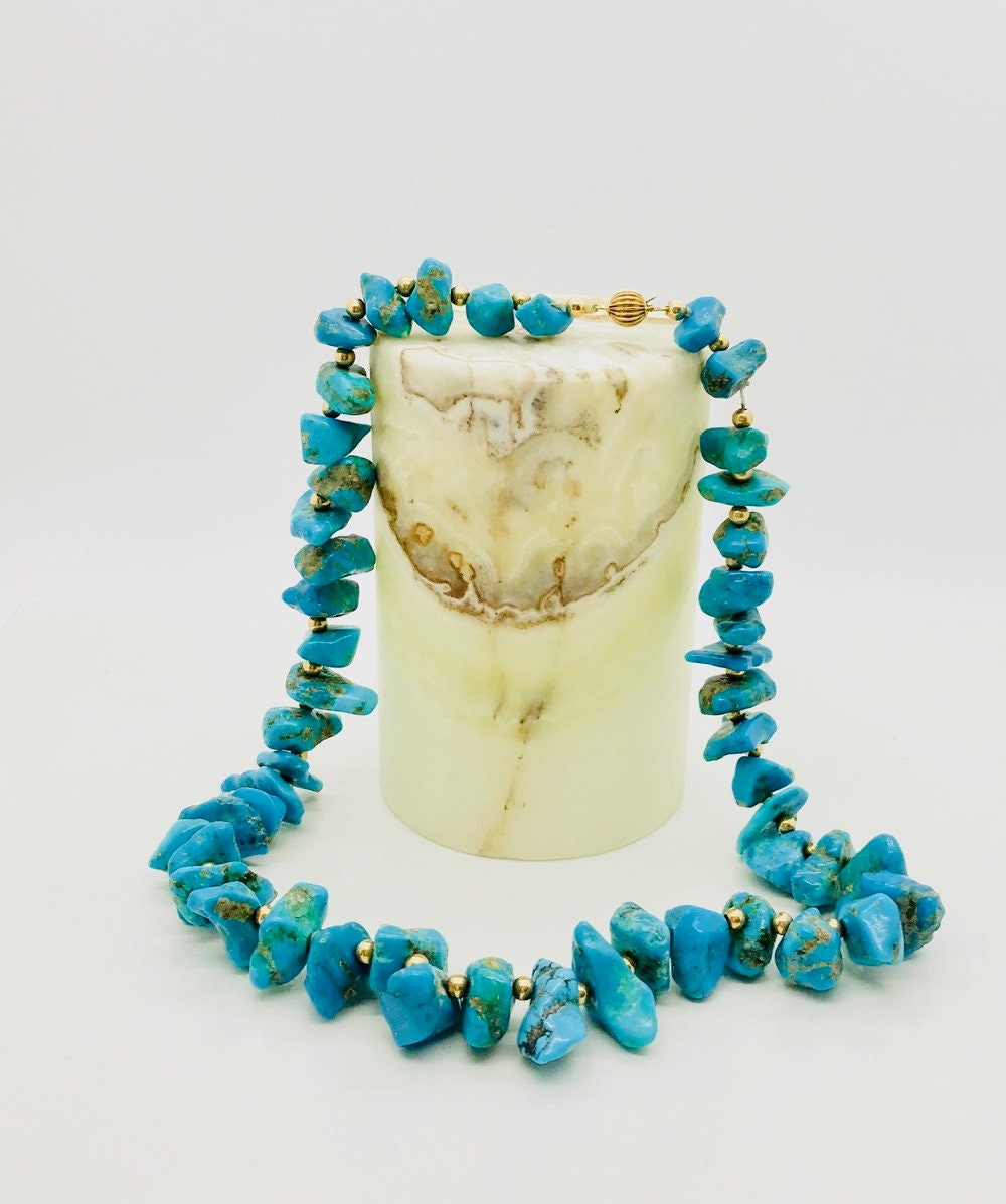 Chunky Turquoise Nugget Necklace: 14K Yellow Gold Beads, 20 Inch