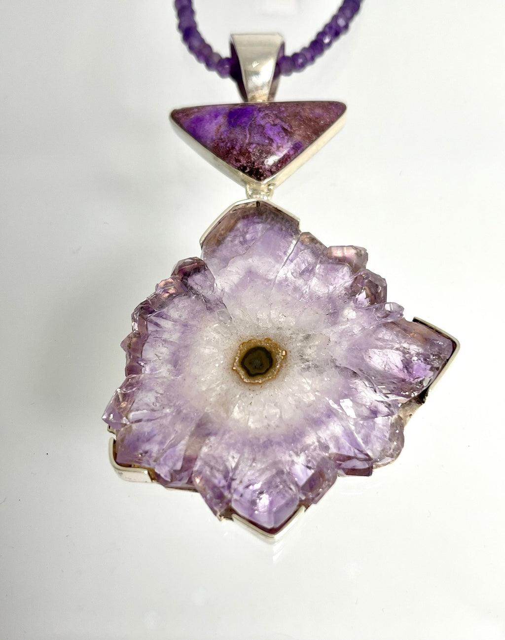 Vintage Sterling Silver Amethyst Stalactite Slice Pendant with Sugilite